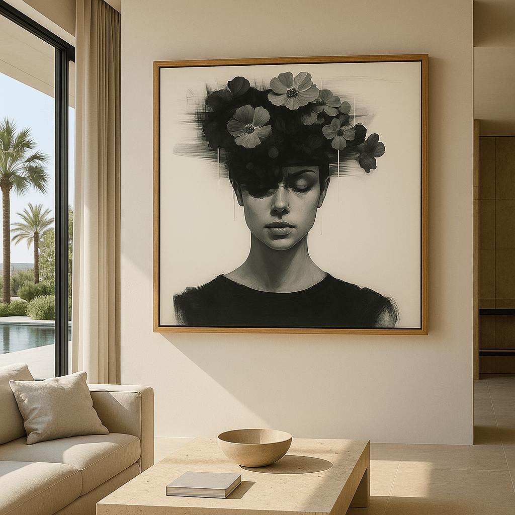 Canvas Print: Noir Bloom – Surreal Floral Portrait Wall Art Print modern abstract canvas wall art by Rossetti Art – luxury interior design artwork for living room, bedroom, office – contemporary art piece Contemporary Canvas Art Contemporary canvas print