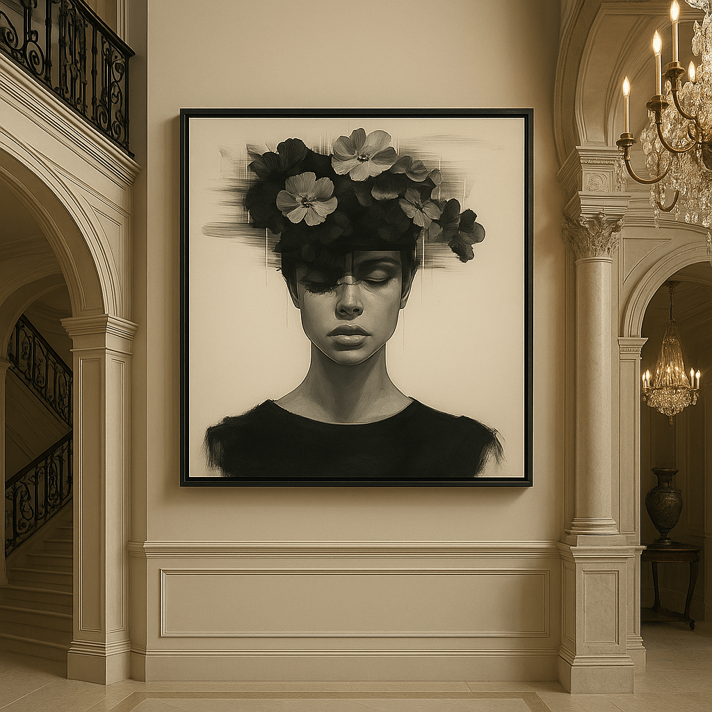 Canvas Print: Noir Bloom – Surreal Floral Portrait Wall Art Print modern abstract canvas wall art by Rossetti Art – luxury interior design artwork for living room, bedroom, office – contemporary art piece Contemporary Canvas Art Contemporary canvas print