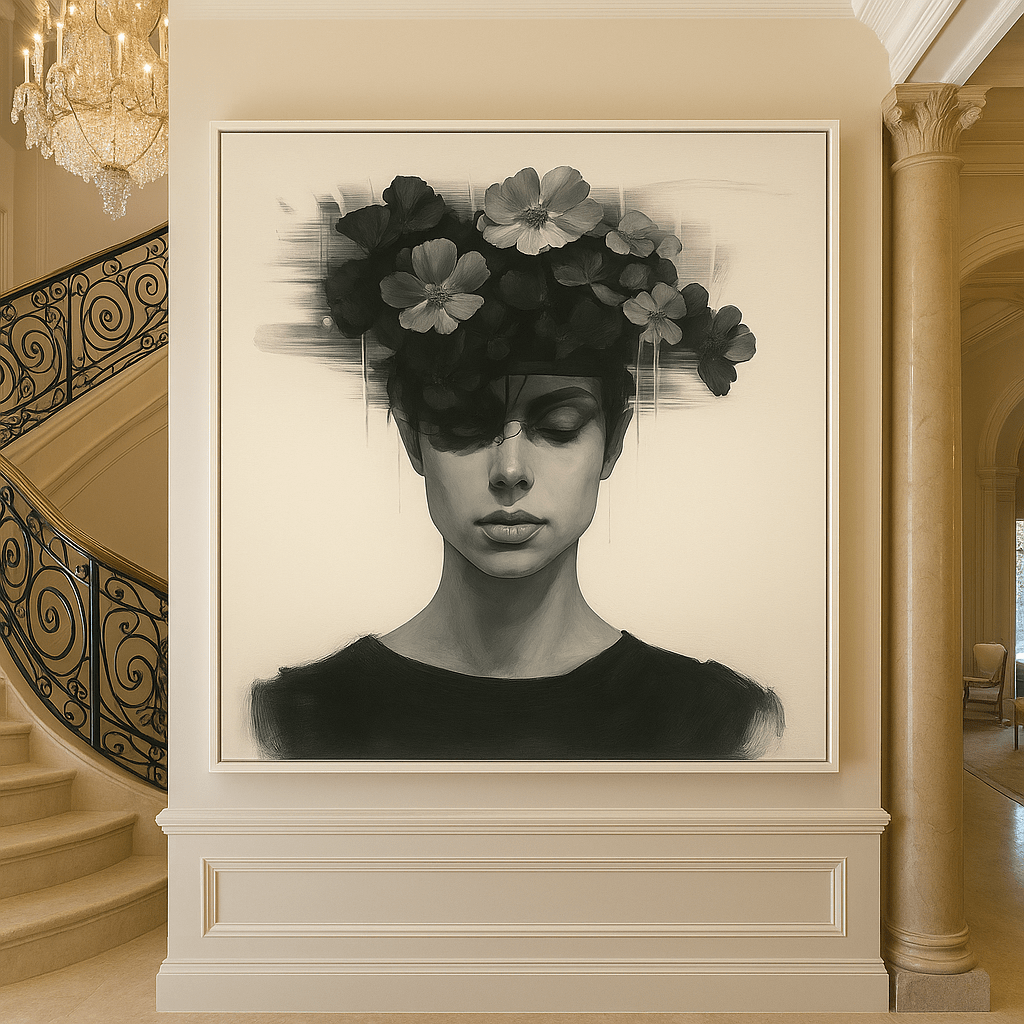 Canvas Print: Noir Bloom – Surreal Floral Portrait Wall Art Print modern abstract canvas wall art by Rossetti Art – luxury interior design artwork for living room, bedroom, office – contemporary art piece Contemporary Canvas Art Contemporary canvas print