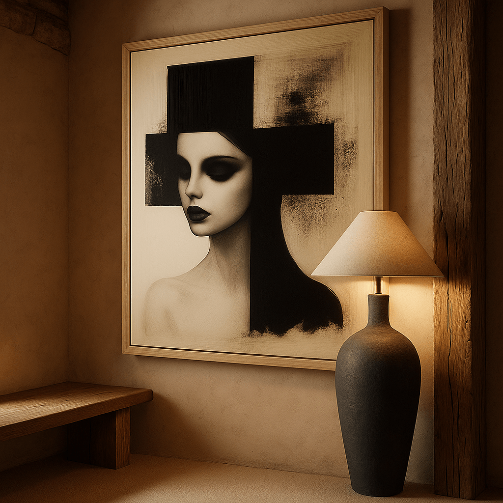 Canvas Print : Noir Muse - Modern Abstract Female Portrait Wall Art | Minimalist Black and White Framed Canvas modern abstract canvas wall art by Rossetti Art – luxury interior design artwork for living room, bedroom, office – black and white feminine canvas Contemporary Art for Sale contemporary art piece