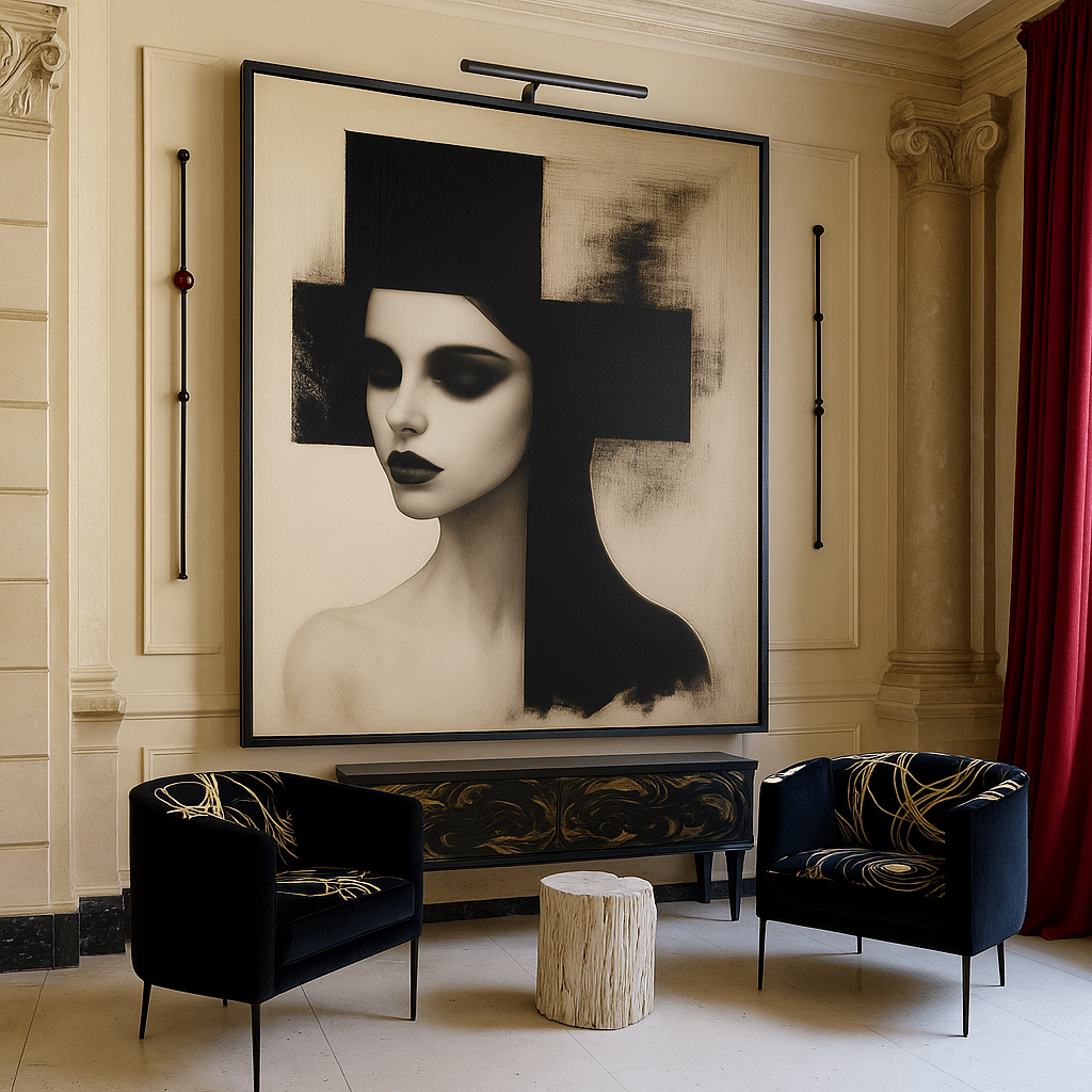 Canvas Print : Noir Muse - Modern Abstract Female Portrait Wall Art | Minimalist Black and White Framed Canvas modern abstract canvas wall art by Rossetti Art – luxury interior design artwork for living room, bedroom, office – black and white feminine canvas Contemporary Art for Sale contemporary art piece