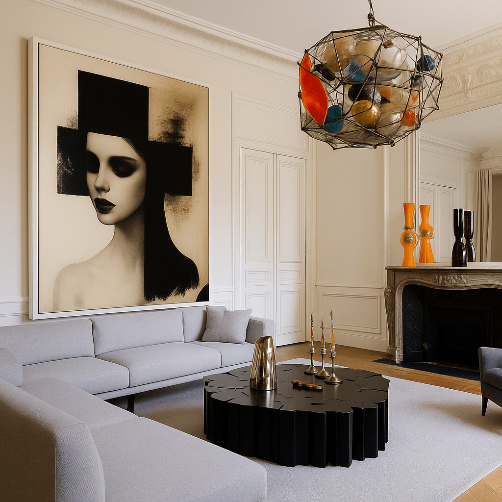 Canvas Print : Noir Muse - Modern Abstract Female Portrait Wall Art | Minimalist Black and White Framed Canvas modern abstract canvas wall art by Rossetti Art – luxury interior design artwork for living room, bedroom, office – black and white feminine canvas Contemporary Art for Sale contemporary art piece