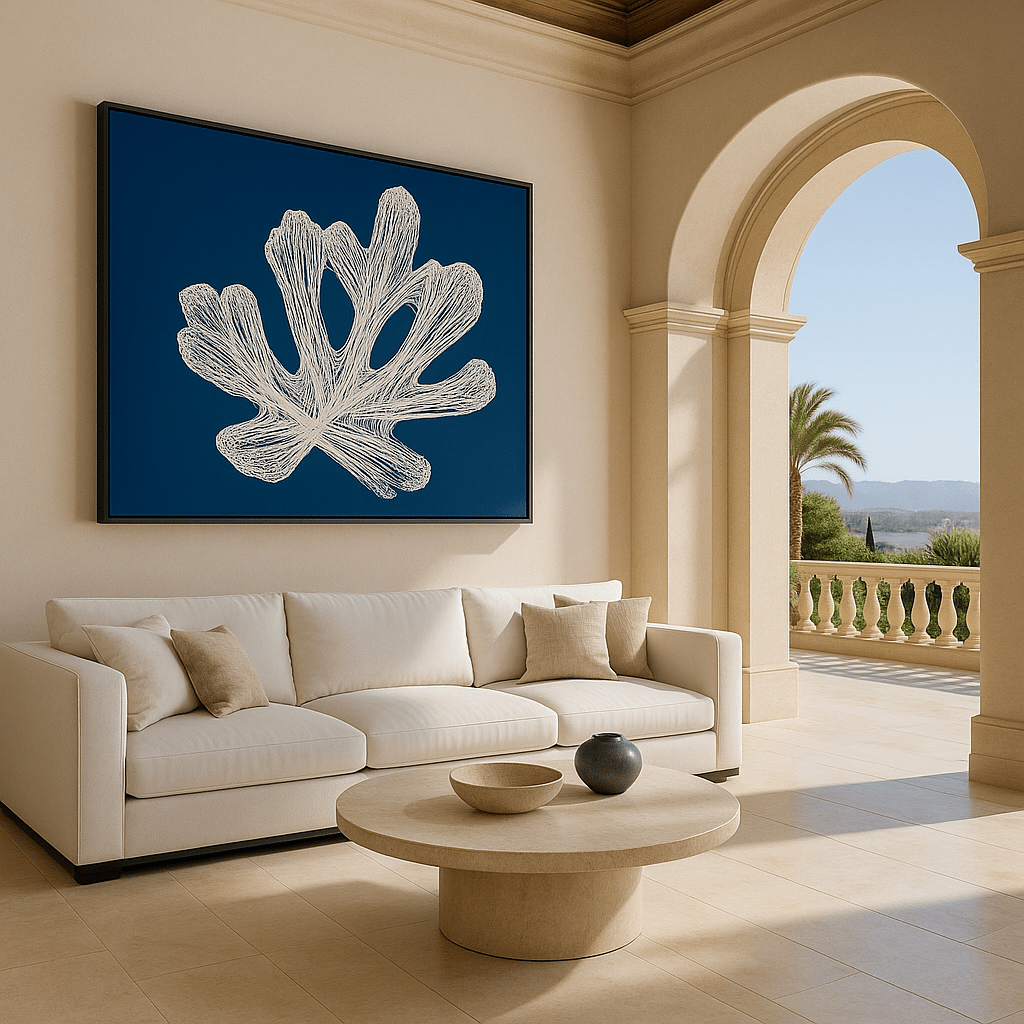 Canvas Print: Ocean Coral Elegance – Blue Nautical Prints Art modern abstract canvas wall art by Rossetti Art – luxury interior design artwork for living room, bedroom, office – contemporary art piece Contemporary Canvas Art Contemporary canvas print