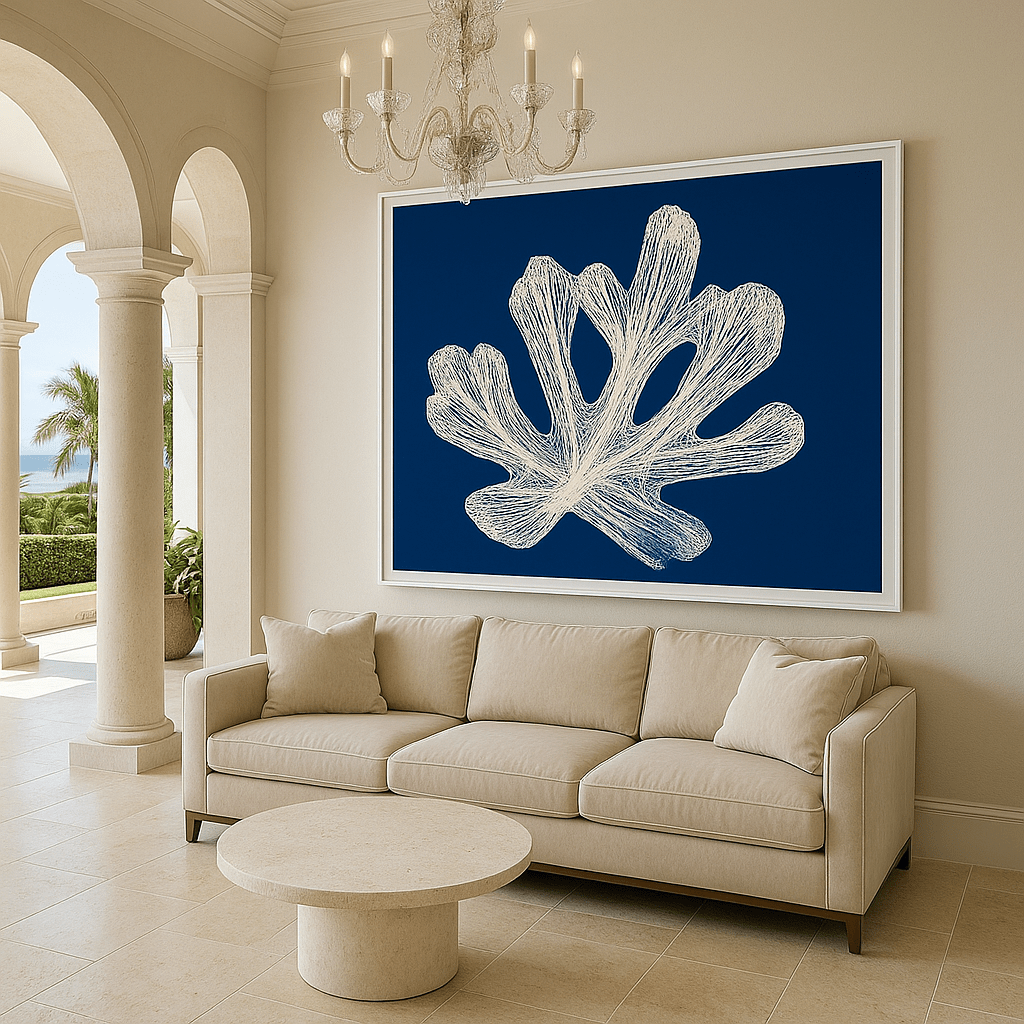 Canvas Print: Ocean Coral Elegance – Blue Nautical Prints Art modern abstract canvas wall art by Rossetti Art – luxury interior design artwork for living room, bedroom, office – contemporary art piece Contemporary Canvas Art Contemporary canvas print