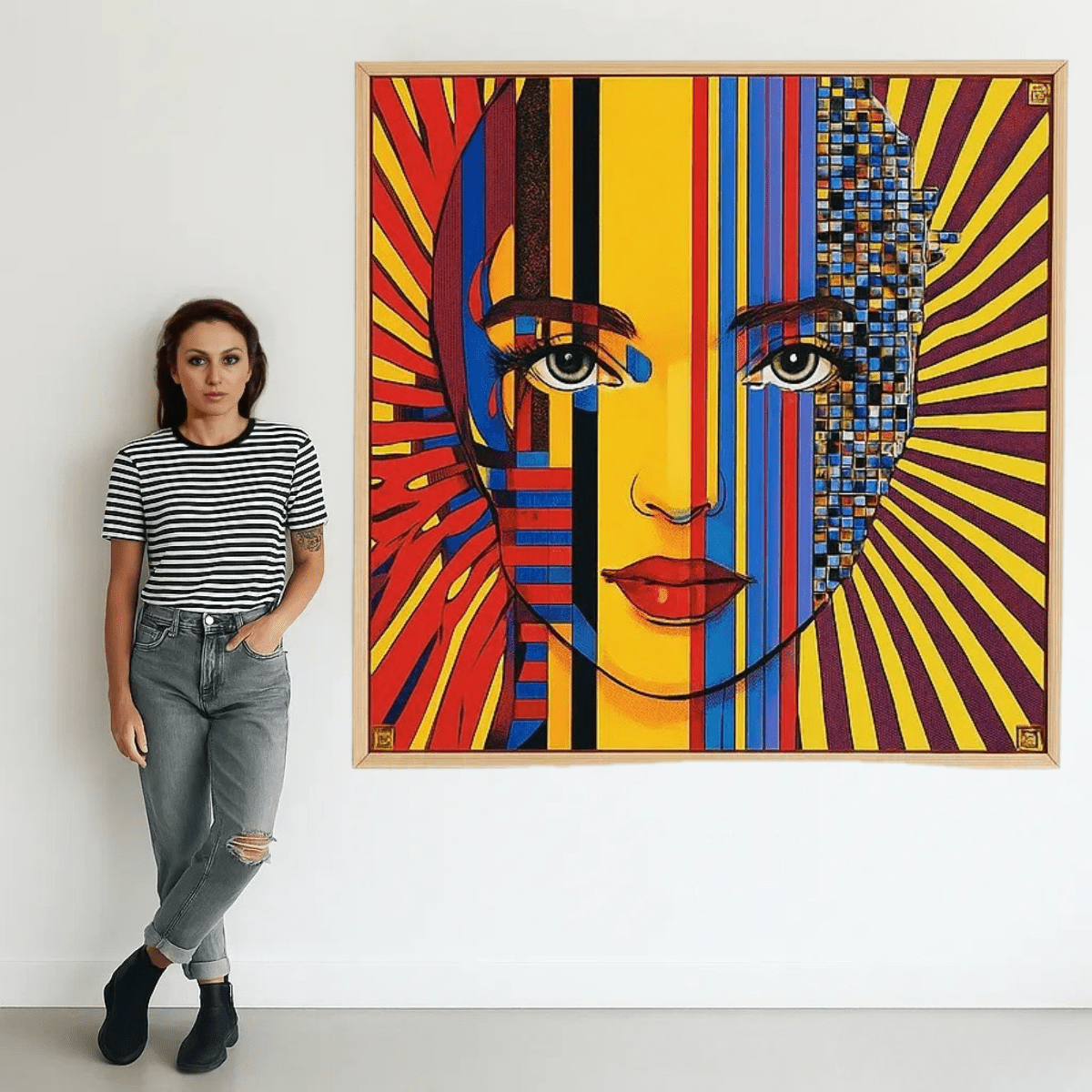 Canvas Print: Optical Muse – Bauhaus Pop Abstract Portrait modern abstract canvas wall art by Rossetti Art – luxury interior design artwork for living room, bedroom, office – Abstract Face Art Bauhaus Art Geometric Wall Art