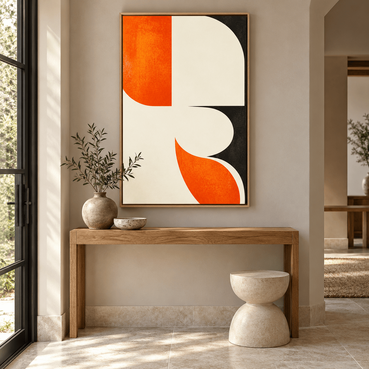 Orange and Black Wall Art – Vermilion Arc vertical canvas above a console table in an entryway by Rossetti Art
