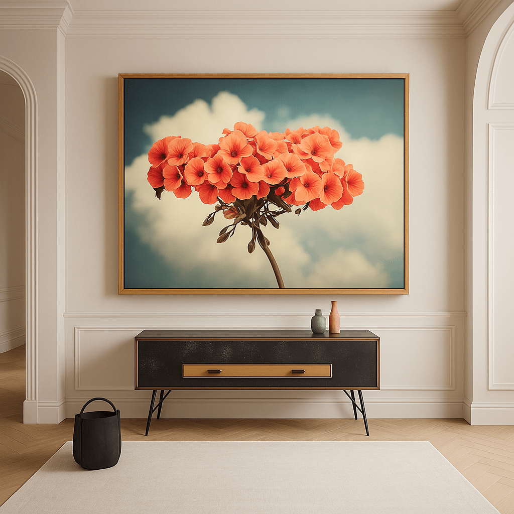Canvas Print: Orange Floral Canvas Wall Art – Vibrant Bloom Against Sky modern abstract canvas wall art by Rossetti Art – luxury interior design artwork for living room, bedroom, office – bold flower painting botanical sky print contemporary art piece