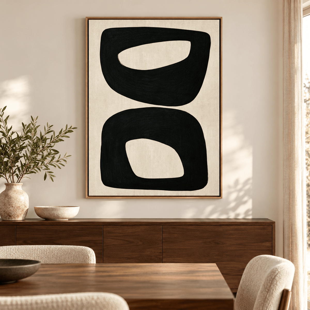 Organic Modern Wall Art – Twin Windows, stacked black forms on cream by Rossetti Art