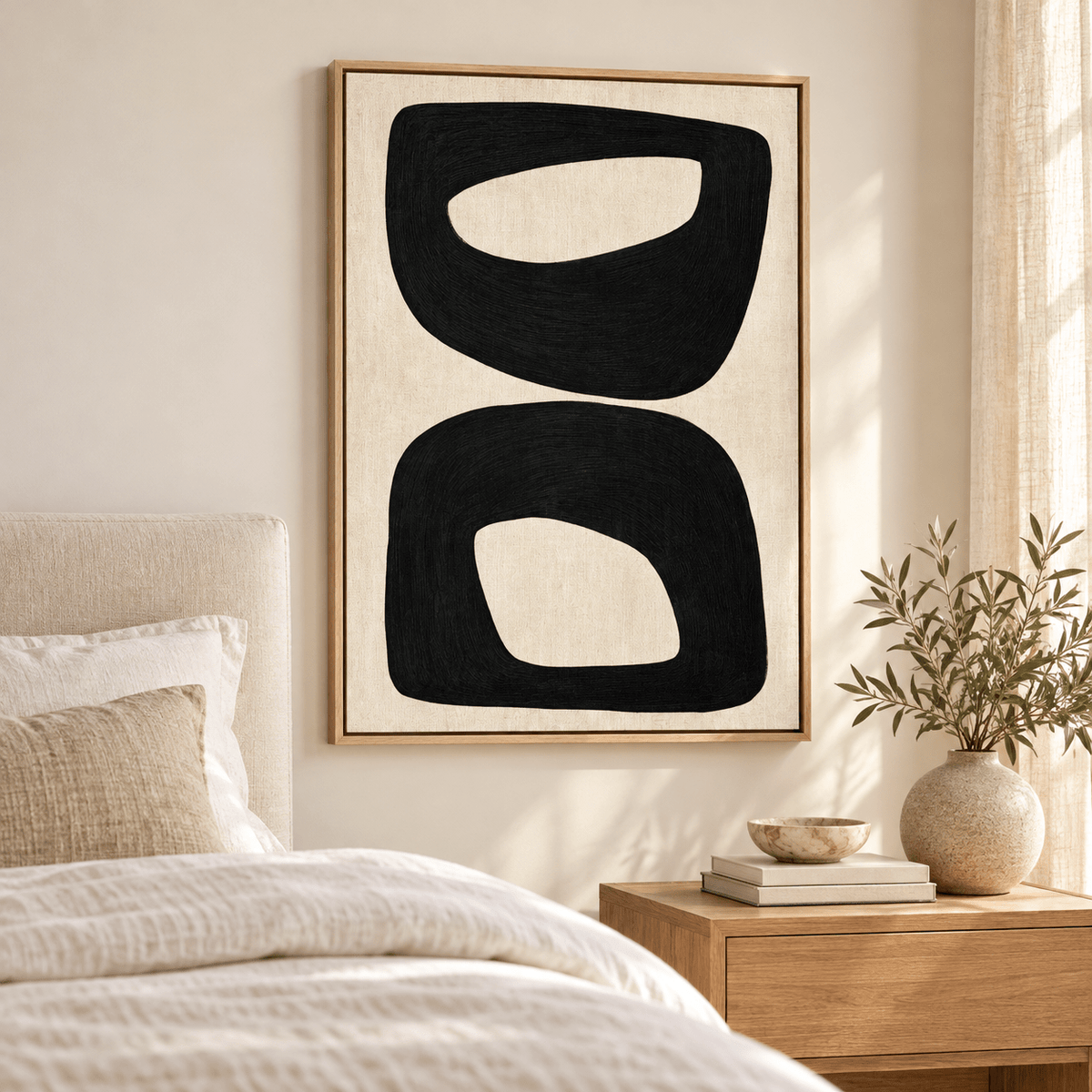 Organic Modern Wall Art – Twin Windows, black ring artwork in a room by Rossetti Art