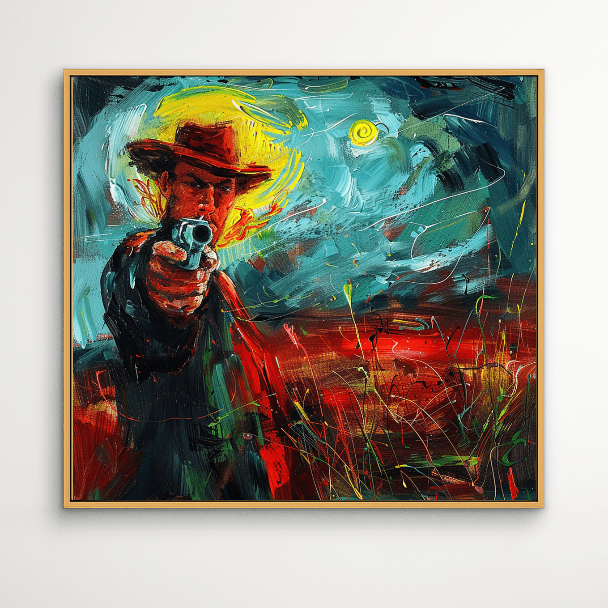 Canvas Print: Outlaw’s Gaze – Modern Cowboy Canvas Print | Expressive Western Wall Art for Bold Interiors modern abstract canvas wall art by Rossetti Art – luxury interior design artwork for living room, bedroom, office – abstract wall art canvas print art Chiara Rossetti