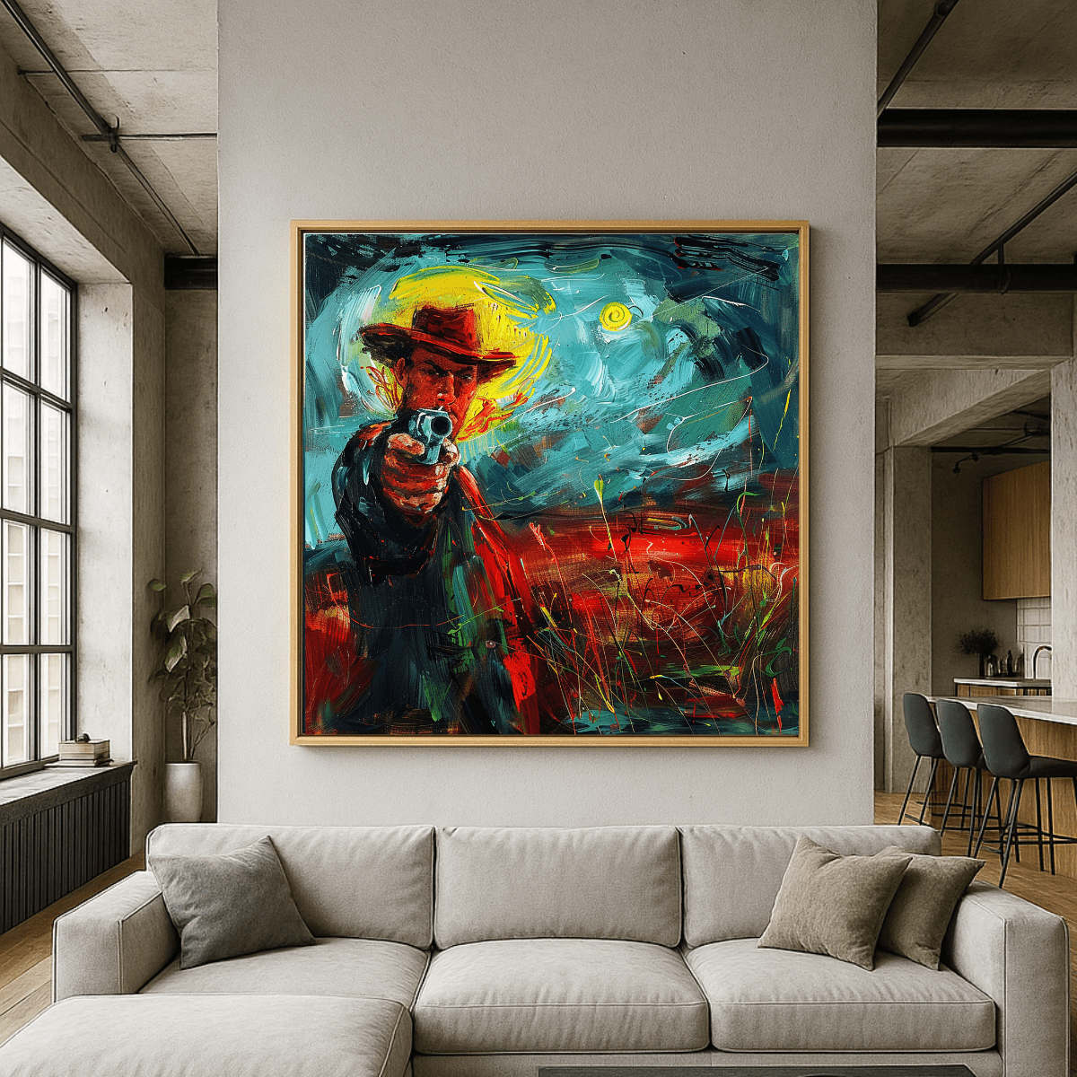 Canvas Print: Outlaw’s Gaze – Modern Cowboy Canvas Print | Expressive Western Wall Art for Bold Interiors modern abstract canvas wall art by Rossetti Art – luxury interior design artwork for living room, bedroom, office – abstract wall art canvas print art Chiara Rossetti