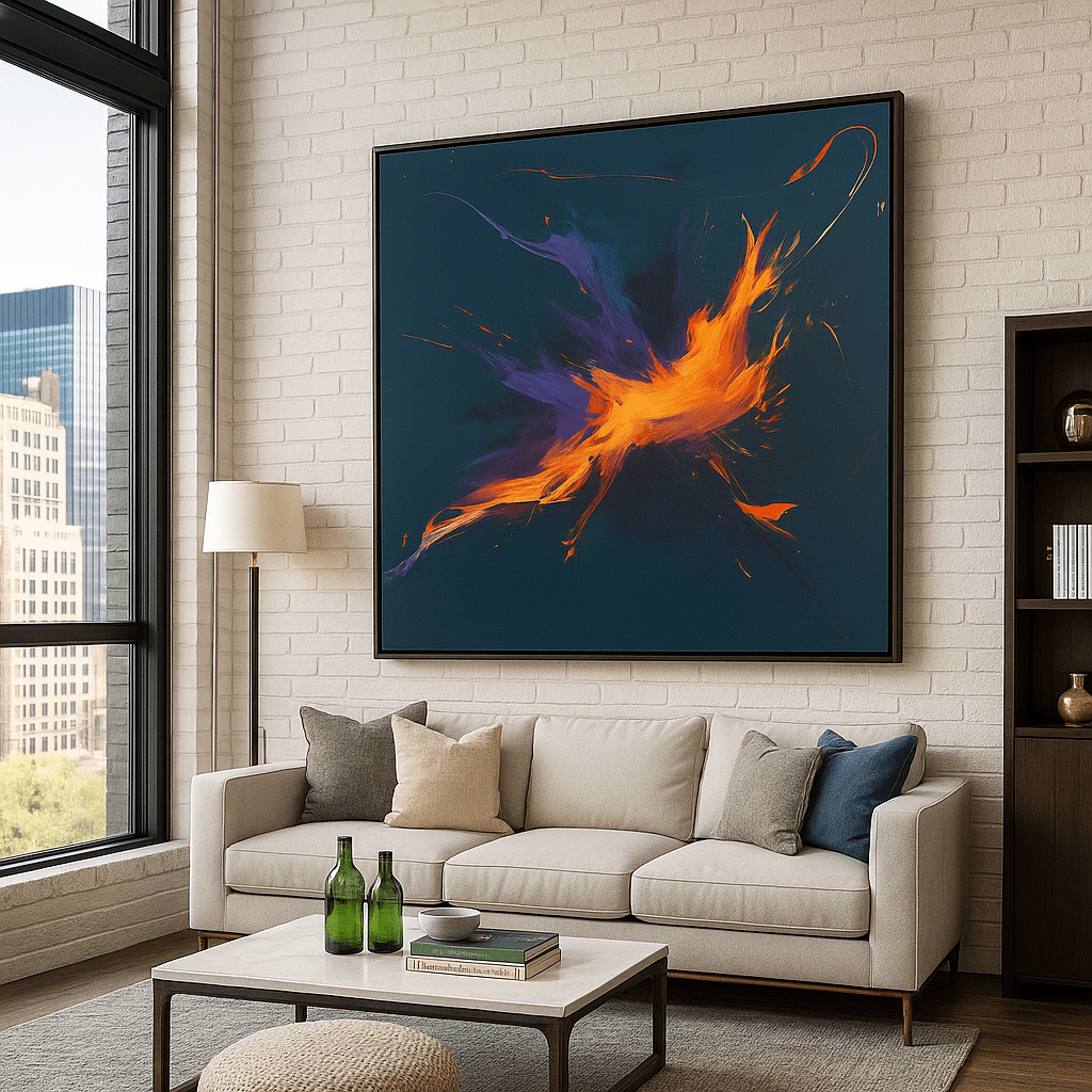 Canvas Print: Phoenix Radiance – Fiery Abstract Canvas Print in Orange and Violet for Modern Luxury Interiors modern abstract canvas wall art by Rossetti Art – luxury interior design artwork for living room, bedroom, office – abstract wall art canvas print art Chiara Rossetti