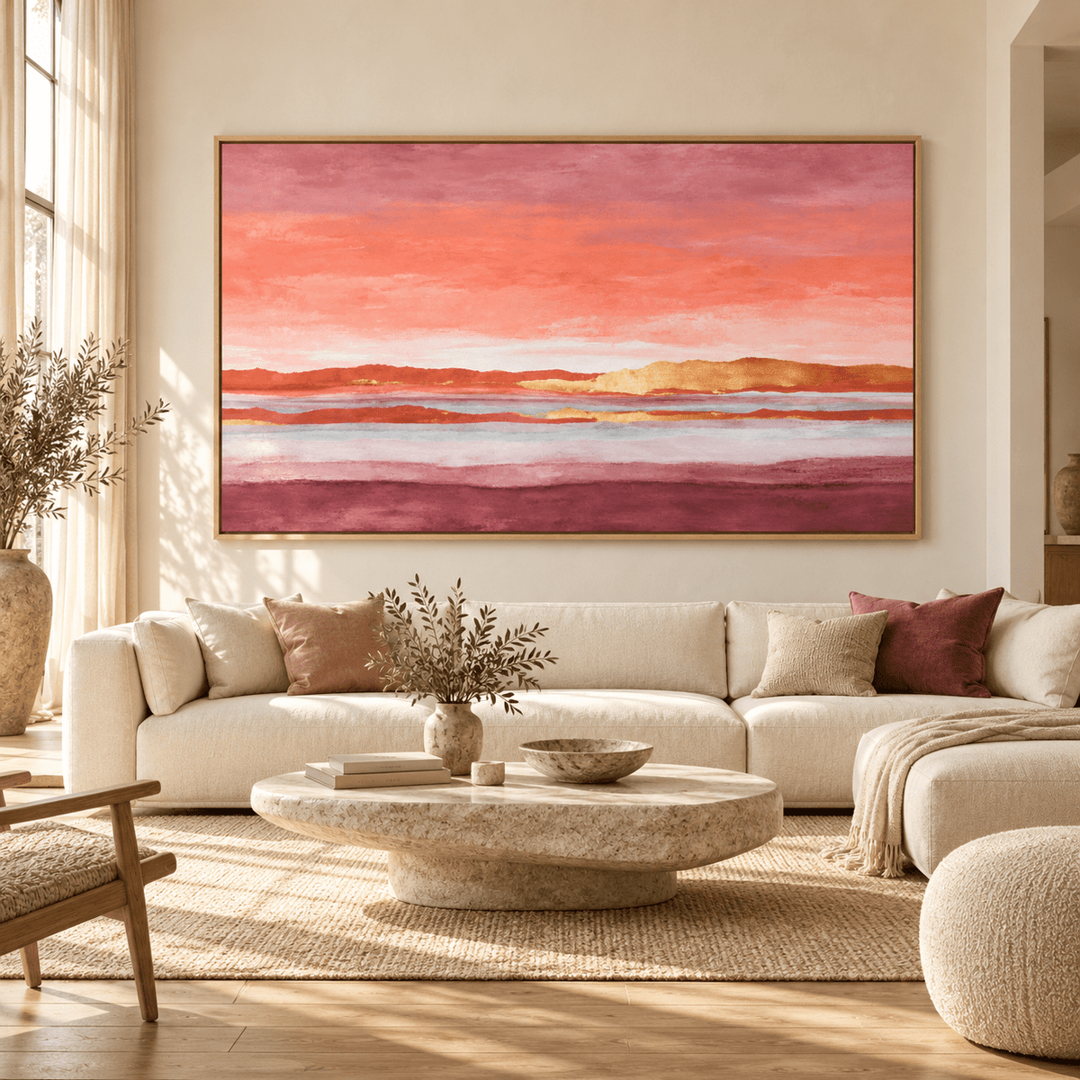 Pink and Gold Wall Art – Gilded Dusk by Rossetti Art – oversized pink and coral sunset canvas above a cream sofa in a sunlit living room