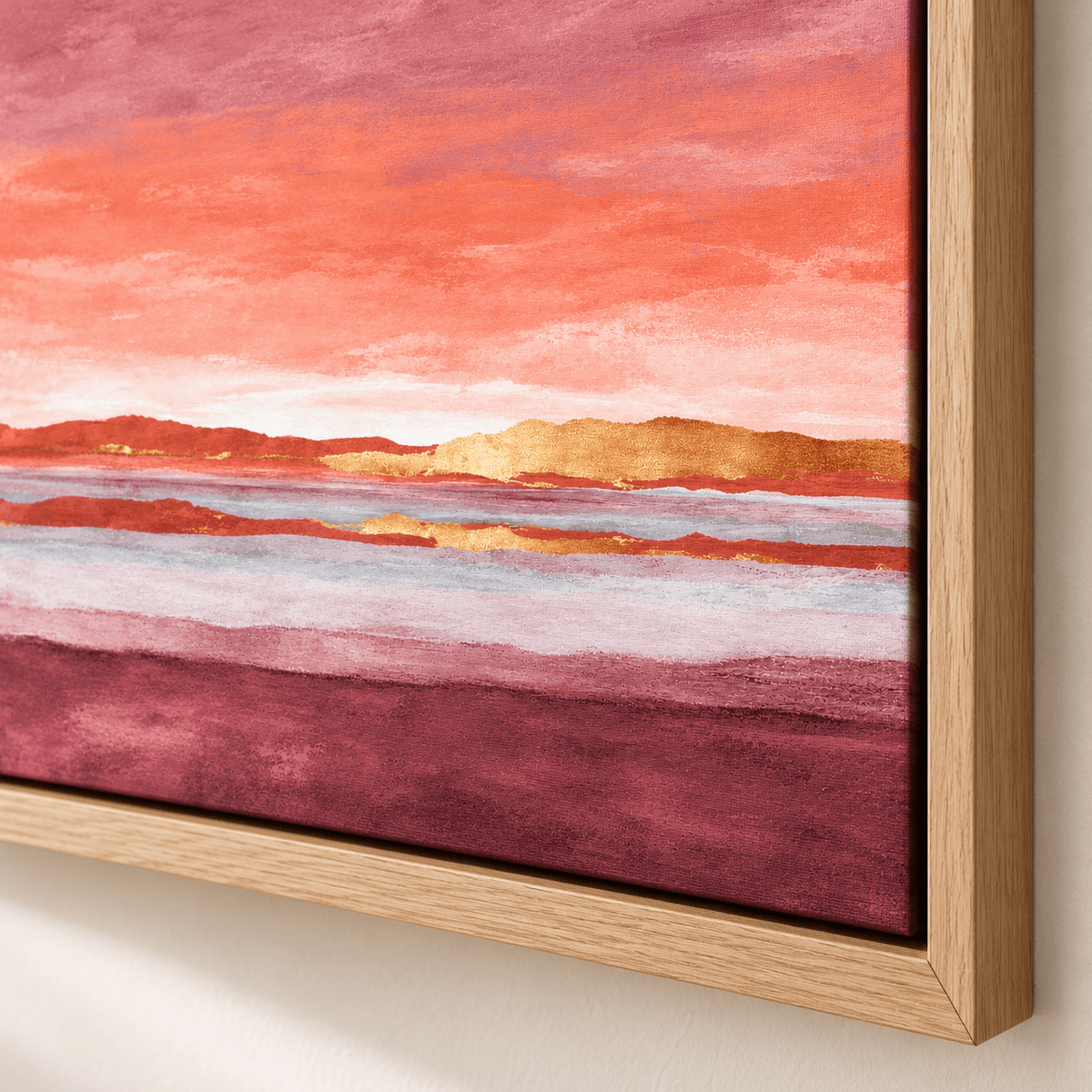 Pink and Gold Wall Art – Gilded Dusk by Rossetti Art – close-up of the gold-toned ridges, layered washes and floater frame corner