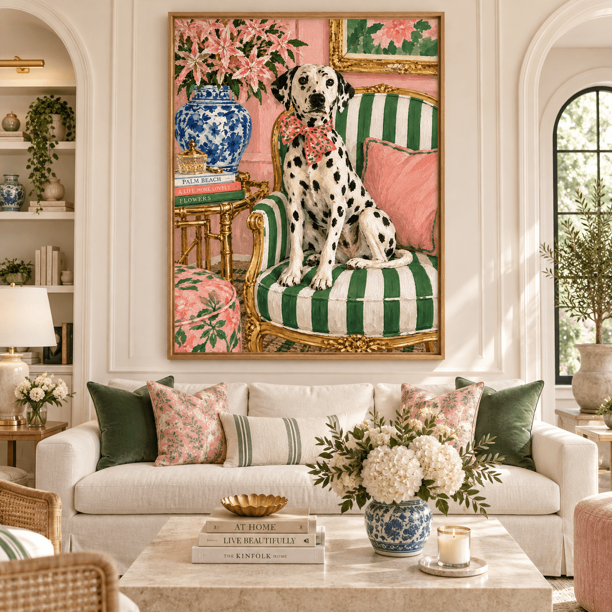 Pink and Green Wall Art – Palm Beach Pup Dalmatian canvas print above a sofa in a living room by Rossetti Art