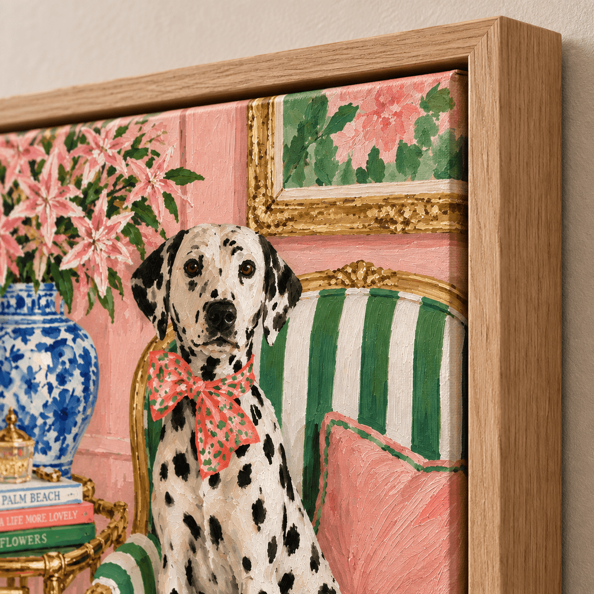 Pink and Green Wall Art – Palm Beach Pup close-up of the hardwood floater frame and brushwork texture by Rossetti Art