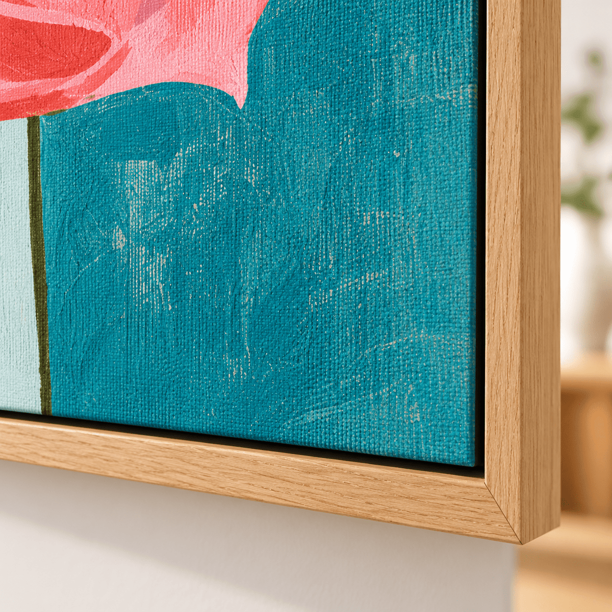 Corner detail of the Coral Rose pink flower canvas print showing the textured paint – Rossetti Art
