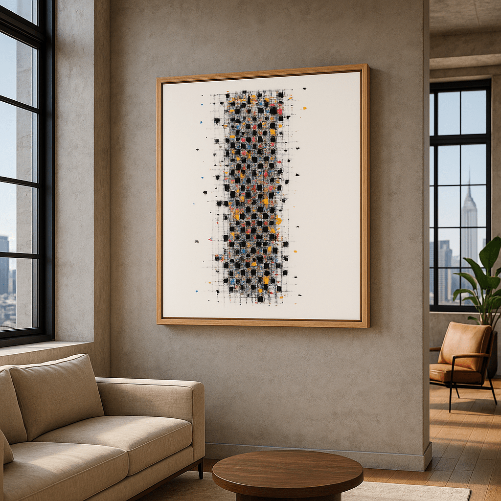 Canvas Print: “Pixel Bloom” – Abstract Grid Art modern abstract canvas wall art by Rossetti Art – luxury interior design artwork for living room, bedroom, office – Abstract Grid Art Color Dot Canvas