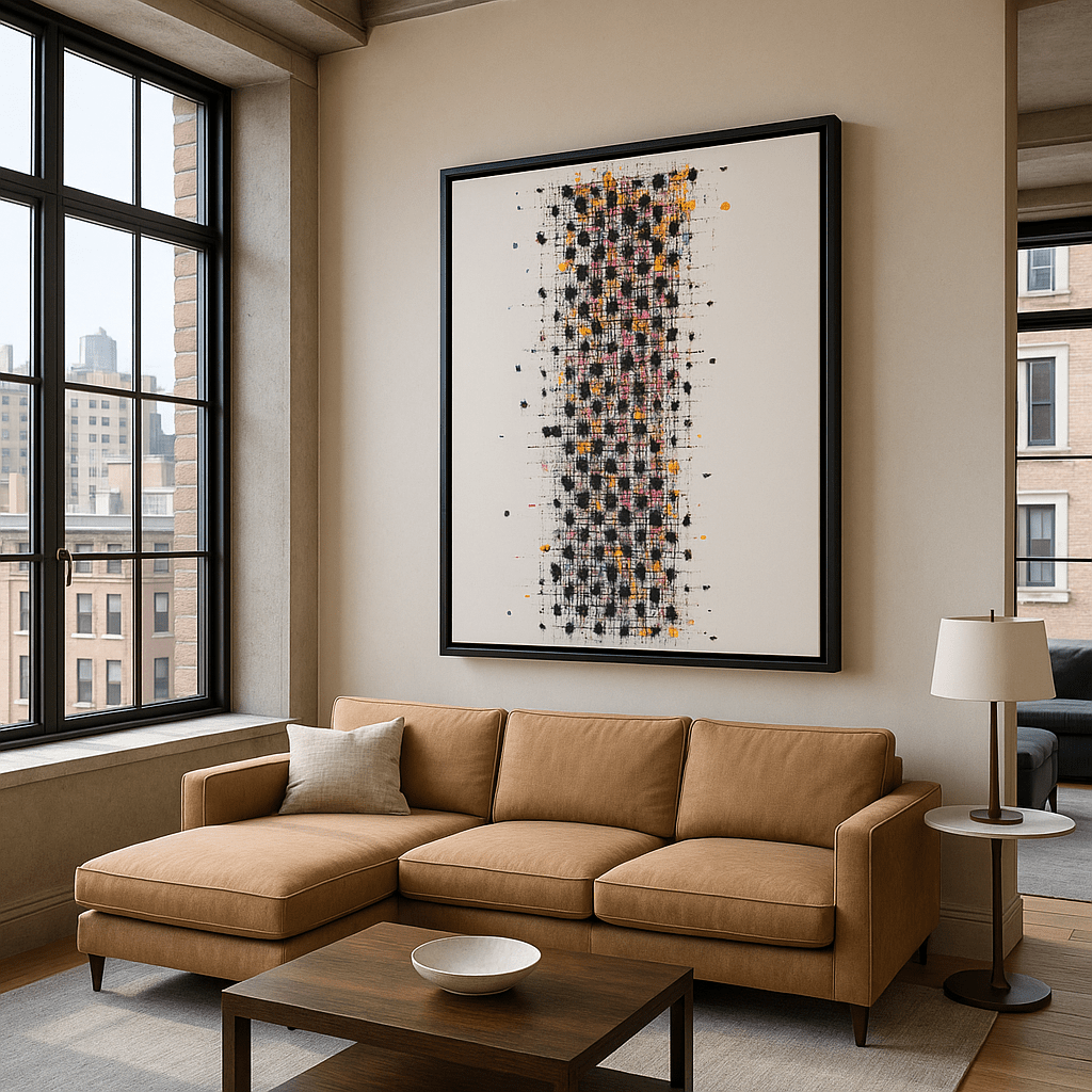 Canvas Print: “Pixel Bloom” – Abstract Grid Art modern abstract canvas wall art by Rossetti Art – luxury interior design artwork for living room, bedroom, office – Abstract Grid Art Color Dot Canvas