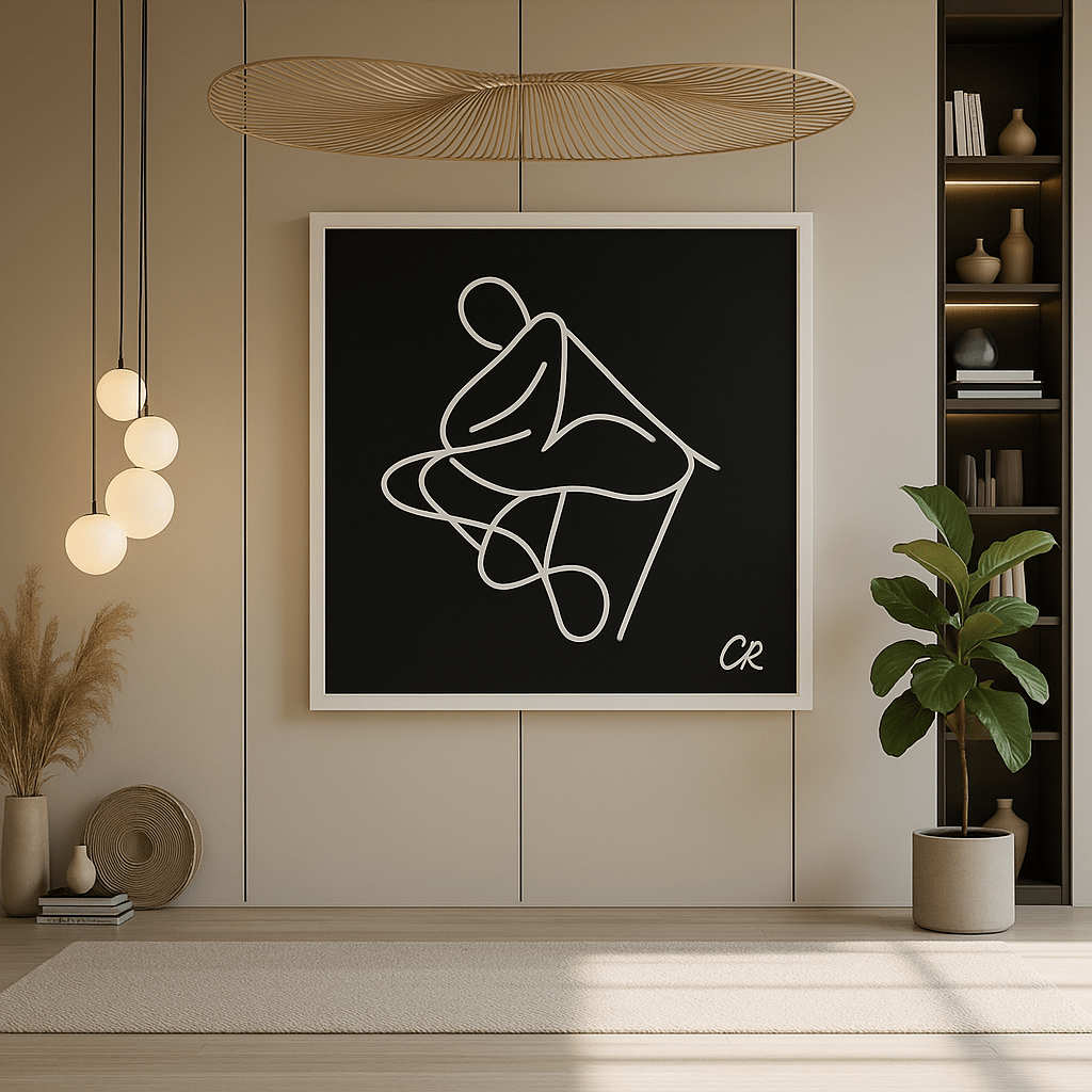 Canvas Print: Poised Form – Minimalist Line Art Silhouette in White on Black modern abstract canvas wall art by Rossetti Art – luxury interior design artwork for living room, bedroom, office – Bold and Dynamic Artistic Home Accent Colorful Statement Wall Art Contemporary Grid Art