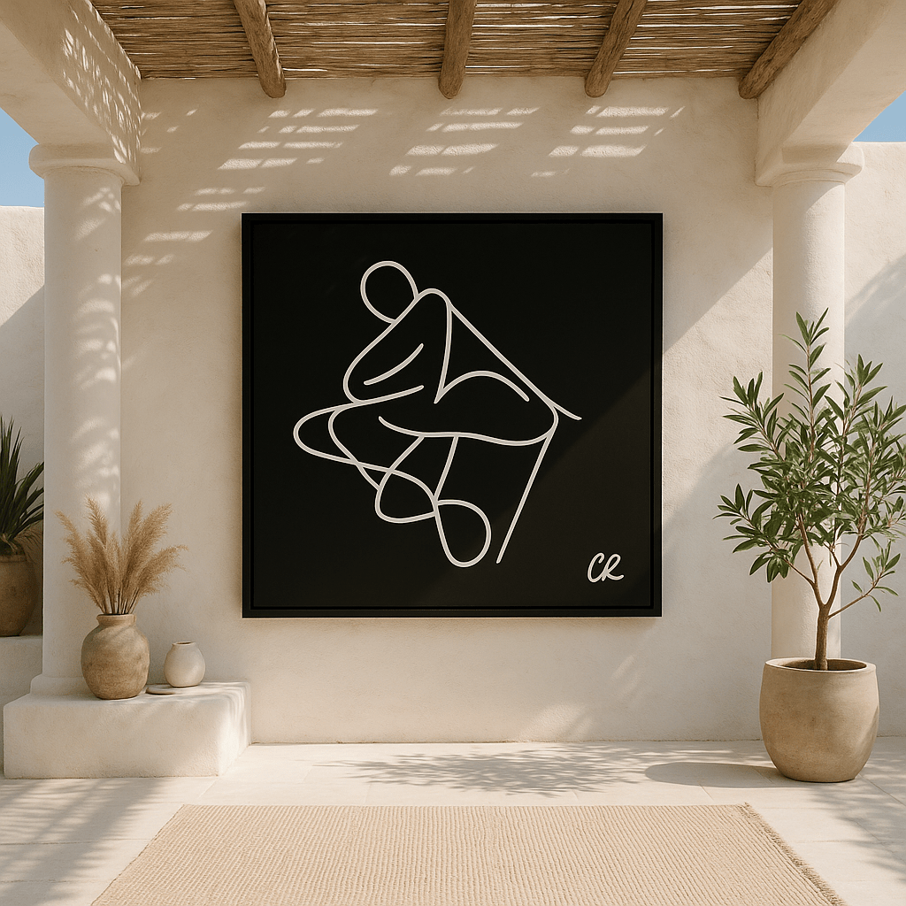 Canvas Print: Poised Form – Minimalist Line Art Silhouette in White on Black modern abstract canvas wall art by Rossetti Art – luxury interior design artwork for living room, bedroom, office – Bold and Dynamic Artistic Home Accent Colorful Statement Wall Art Contemporary Grid Art