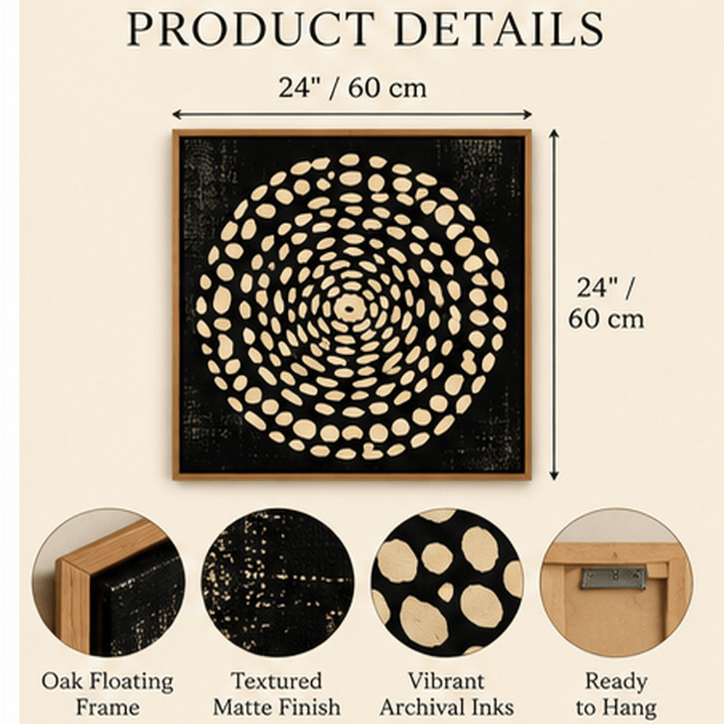 Product infographic for black and cream spiral abstract canvas print with oak floating frame