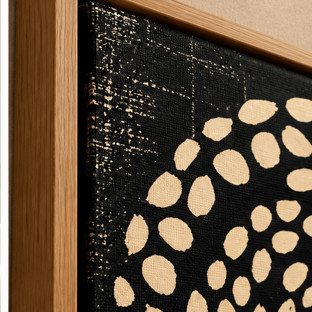 Close-up of black and cream spiral abstract canvas texture and oak floating frame corner