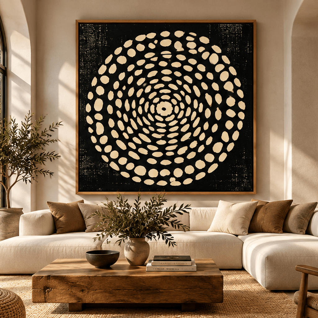Oversized black and cream spiral abstract canvas print in oak floating frame in a modern living room