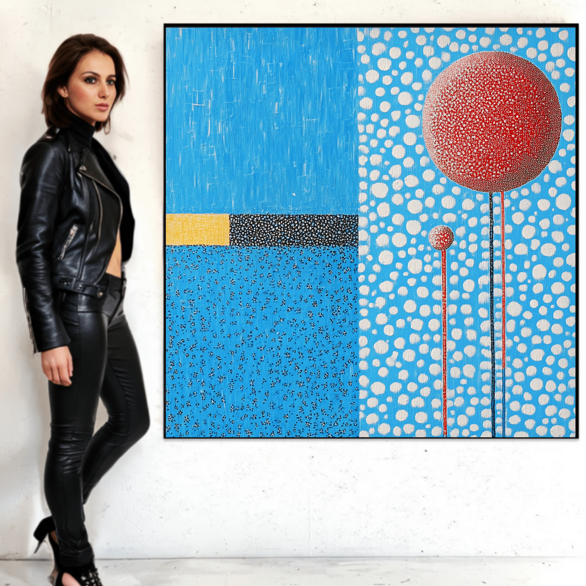 Canvas Print : Polka Sky - Blue Abstract Wall Art with Red Accents modern abstract canvas wall art by Rossetti Art – luxury interior design artwork for living room, bedroom, office – blue abstract framed canvas modern abstract art prints modern abstract canvas art