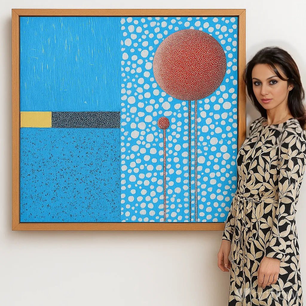 Canvas Print : Polka Sky - Blue Abstract Wall Art with Red Accents modern abstract canvas wall art by Rossetti Art – luxury interior design artwork for living room, bedroom, office – blue abstract framed canvas modern abstract art prints modern abstract canvas art