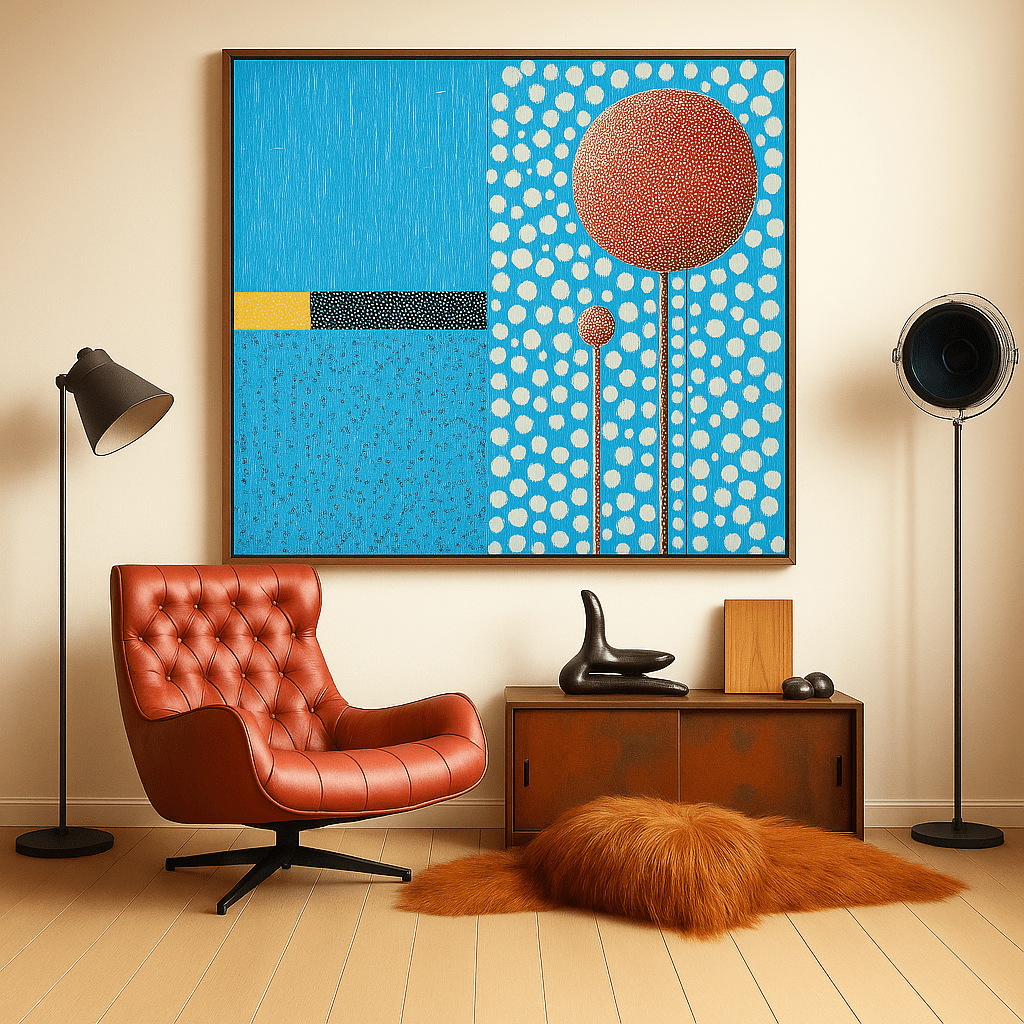 Canvas Print : Polka Sky - Blue Abstract Wall Art with Red Accents modern abstract canvas wall art by Rossetti Art – luxury interior design artwork for living room, bedroom, office – blue abstract framed canvas modern abstract art prints modern abstract canvas art