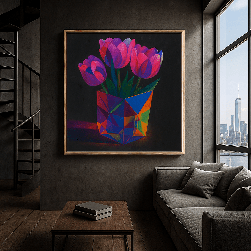 Canvas Print: Prismatic Bloom – Modern Abstract Floral Canvas Print in Vivid Colors | Rossetti Art modern abstract canvas wall art by Rossetti Art – luxury interior design artwork for living room, bedroom, office – abstract wall art canvas print art Chiara Rossetti