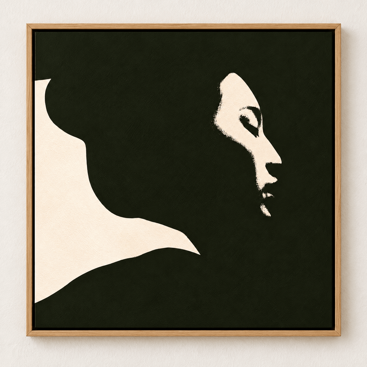 Profile Silhouette Art Canvas Print – Quiet Profile by Rossetti Art, a cream woman's profile on a deep black ground, framed