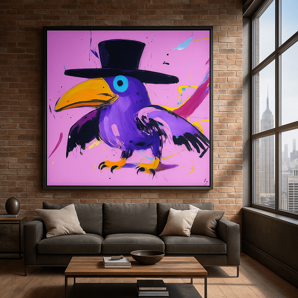 Canvas Print: Purple Raven in Top Hat – Bold Modern Pop Art Canvas Print | Chiara Rossetti Contemporary Wall Decor modern abstract canvas wall art by Rossetti Art – luxury interior design artwork for living room, bedroom, office – abstract wall art canvas print art Chiara Rossetti