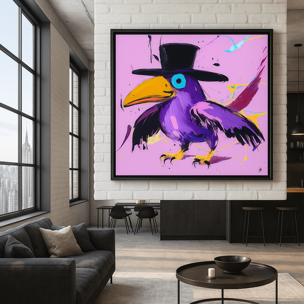 Canvas Print: Purple Raven in Top Hat – Bold Modern Pop Art Canvas Print | Chiara Rossetti Contemporary Wall Decor modern abstract canvas wall art by Rossetti Art – luxury interior design artwork for living room, bedroom, office – abstract wall art canvas print art Chiara Rossetti