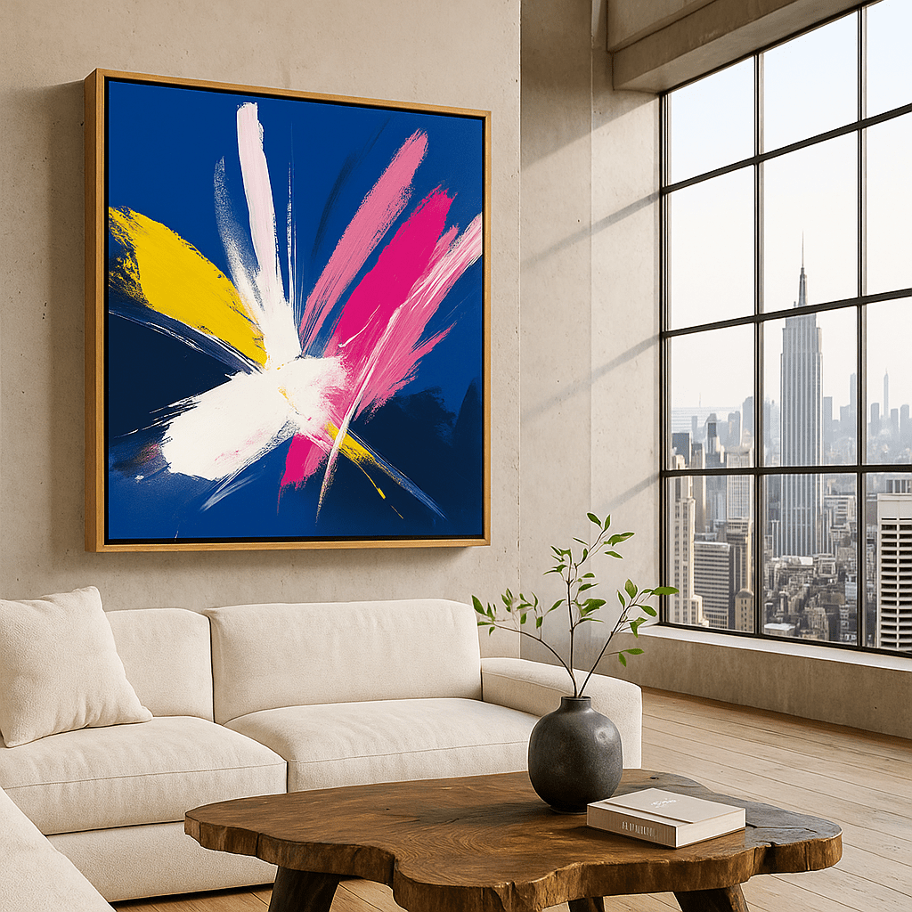 Canvas Print: Radiant Bloom – Contemporary Abstract Canvas Print in Pink, Yellow & Blue modern abstract canvas wall art by Rossetti Art – luxury interior design artwork for living room, bedroom, office – abstractnew canvas print art Chiara Rossetti