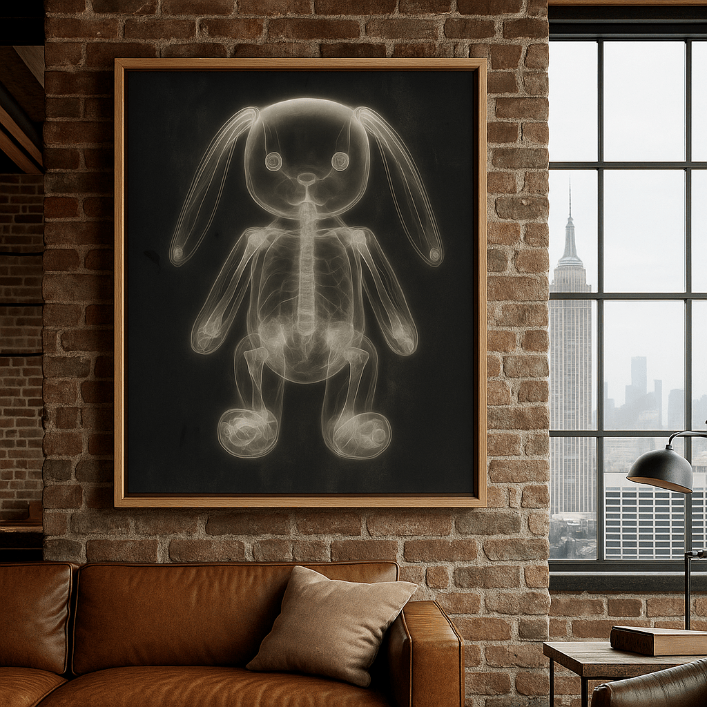 Canvas Print: Radiant Bones Bunny - Surreal X - Ray Bunny Canvas Print | Modern Minimalist Wall Art for Home Decor modern abstract canvas wall art by Rossetti Art – luxury interior design artwork for living room, bedroom, office – abstract wall art canvas print art Chiara Rossetti