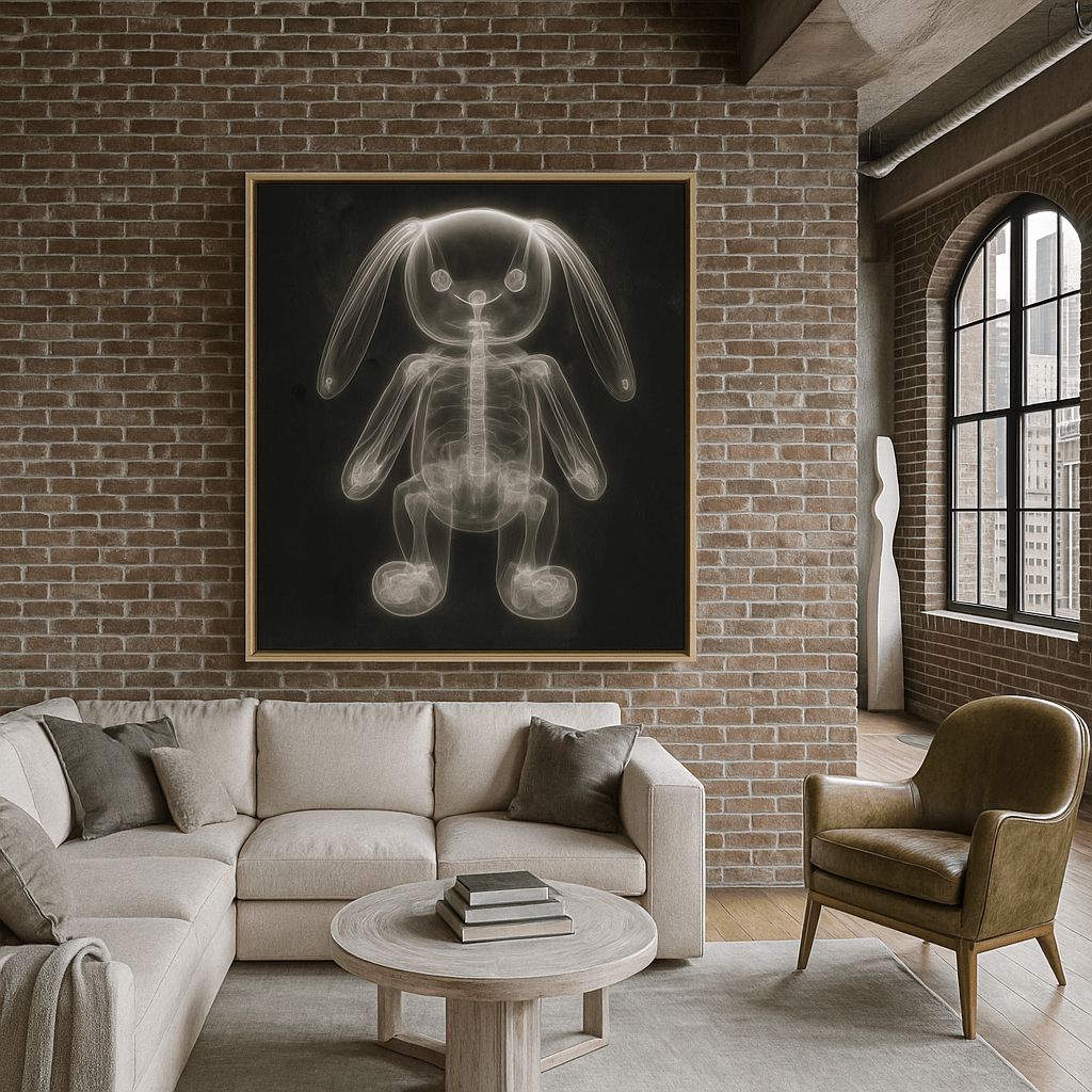 Canvas Print: Radiant Bones Bunny - Surreal X - Ray Bunny Canvas Print | Modern Minimalist Wall Art for Home Decor modern abstract canvas wall art by Rossetti Art – luxury interior design artwork for living room, bedroom, office – abstract wall art canvas print art Chiara Rossetti