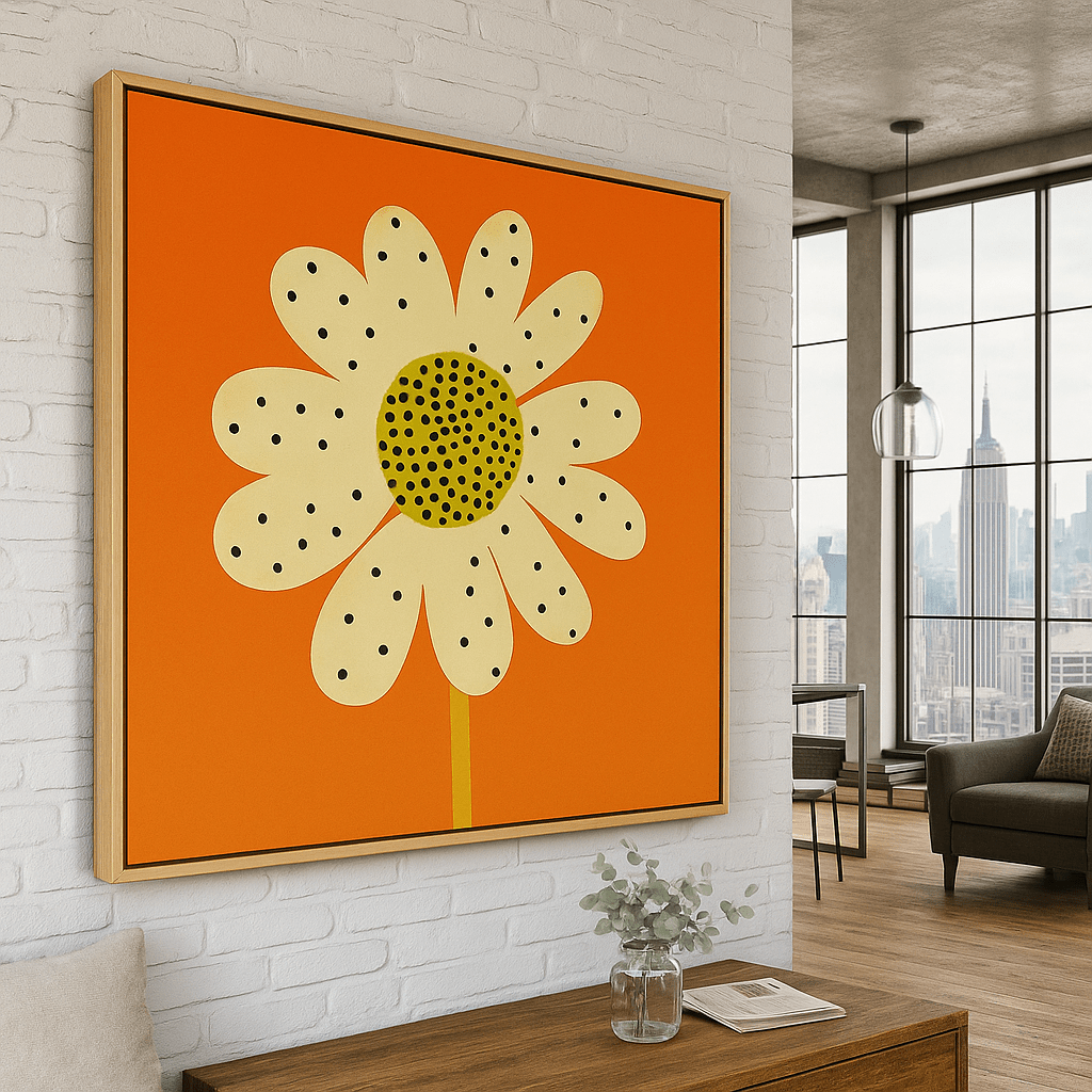 Canvas Print: Radiant Daisy – Modern Pop Floral Canvas Print in Orange & Yellow | Rossetti Art modern abstract canvas wall art by Rossetti Art – luxury interior design artwork for living room, bedroom, office – abstract wall art canvas print art Chiara Rossetti
