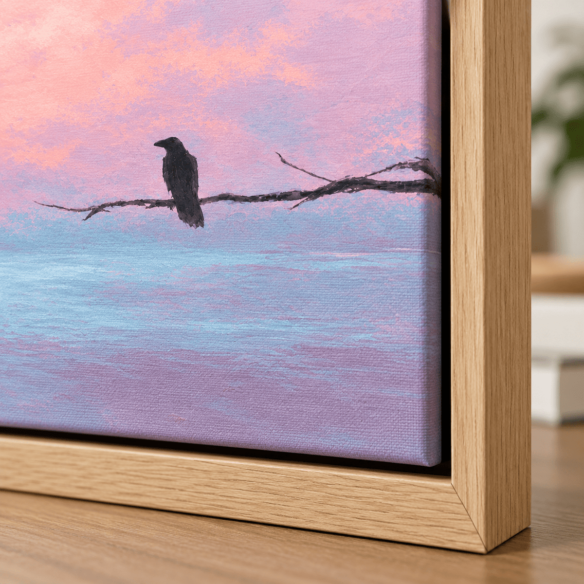 Close-up corner of the Quiet Perch canvas print in a hardwood floater frame
