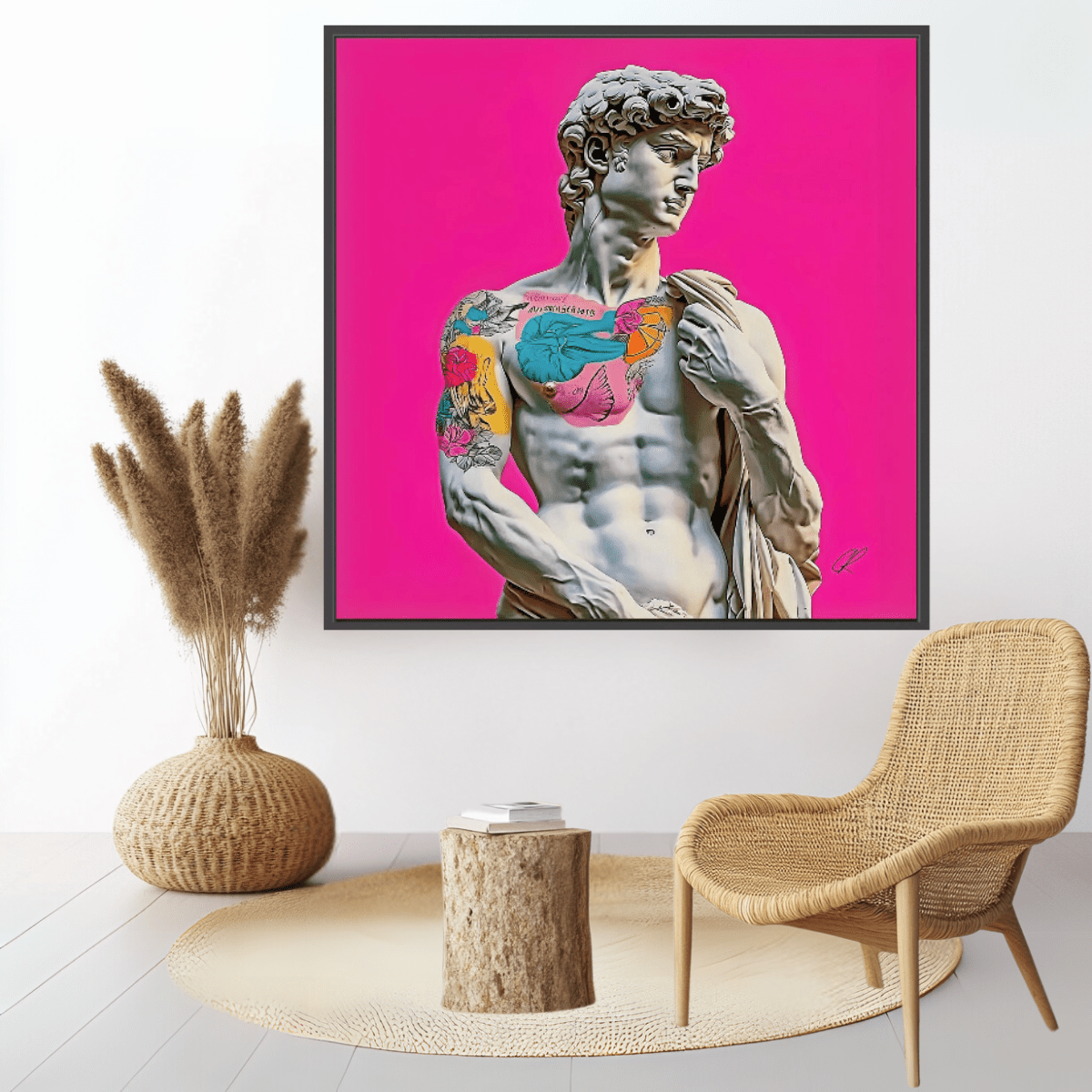Canvas Print: "Rebel Renaissance" – Michelangelo's David with Tattoos modern abstract canvas wall art by Rossetti Art – luxury interior design artwork for living room, bedroom, office – Contemporary Art for Sale contemporary art piece Contemporary art print