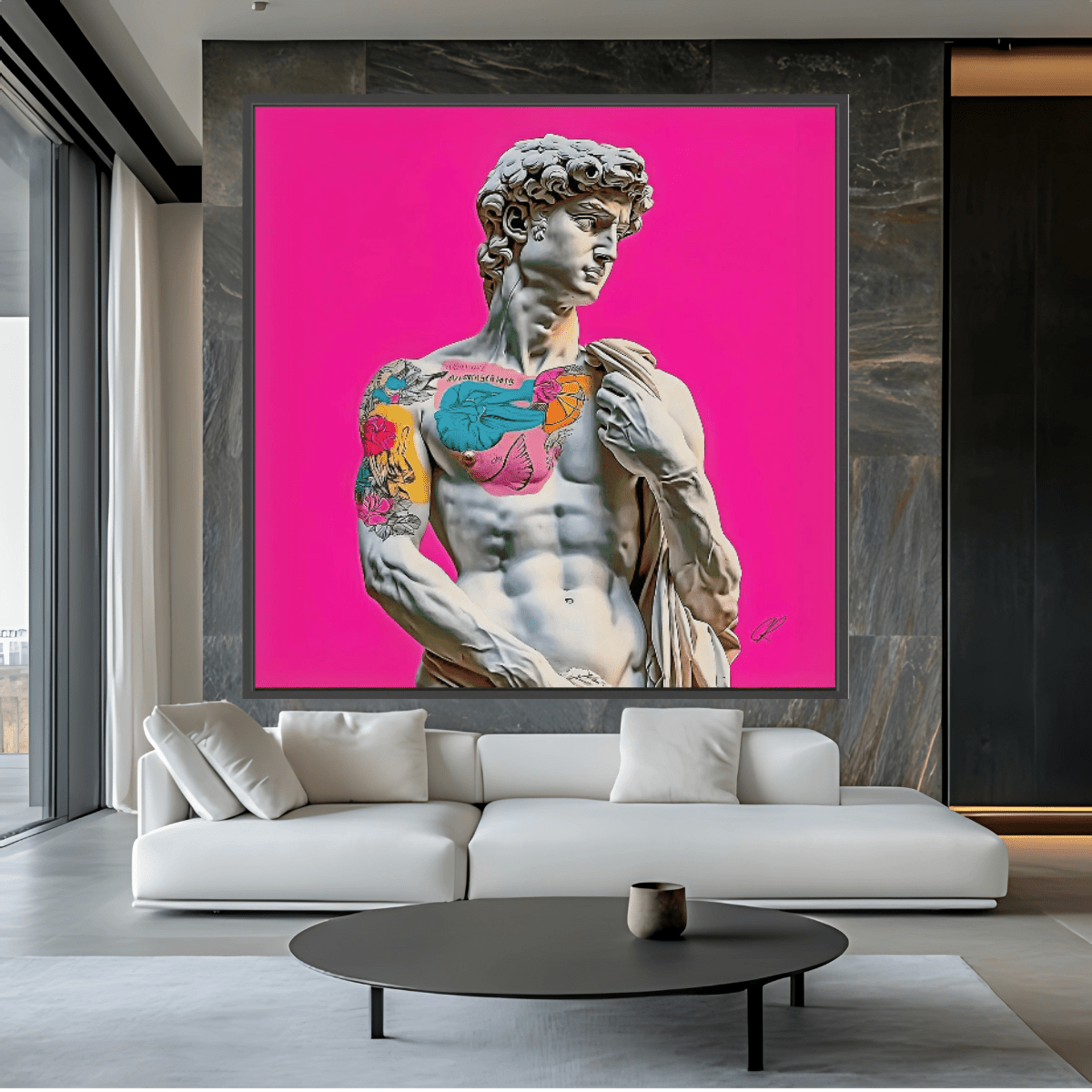 Canvas Print: "Rebel Renaissance" – Michelangelo's David with Tattoos modern abstract canvas wall art by Rossetti Art – luxury interior design artwork for living room, bedroom, office – Contemporary Art for Sale contemporary art piece Contemporary art print