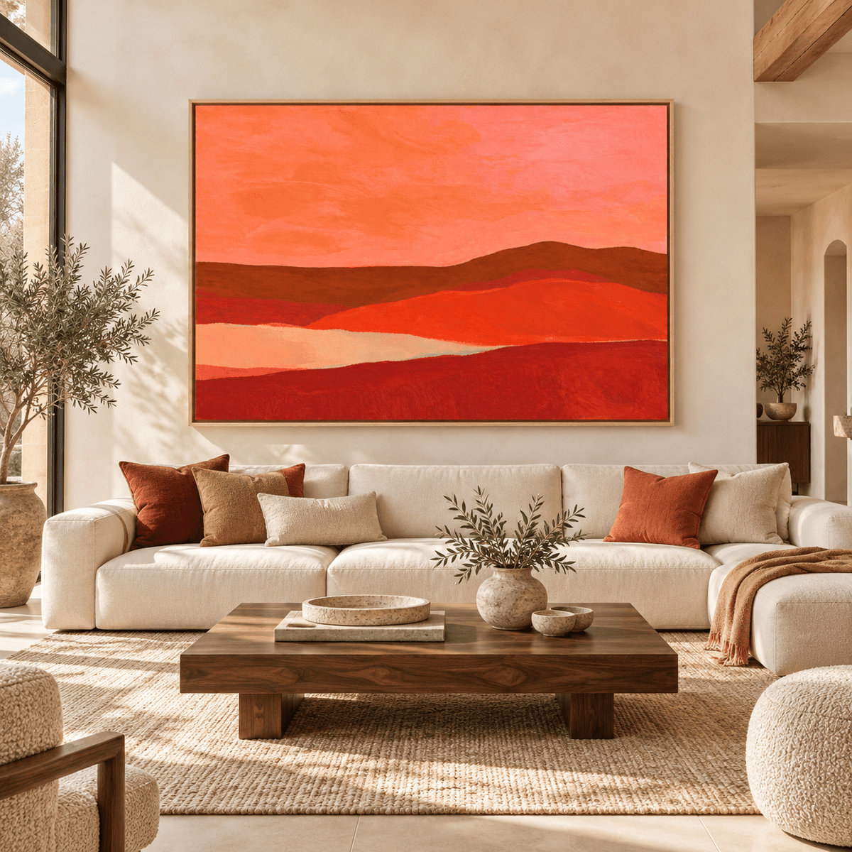 Red Abstract Art – Ember Valley by Rossetti Art above a cream sofa