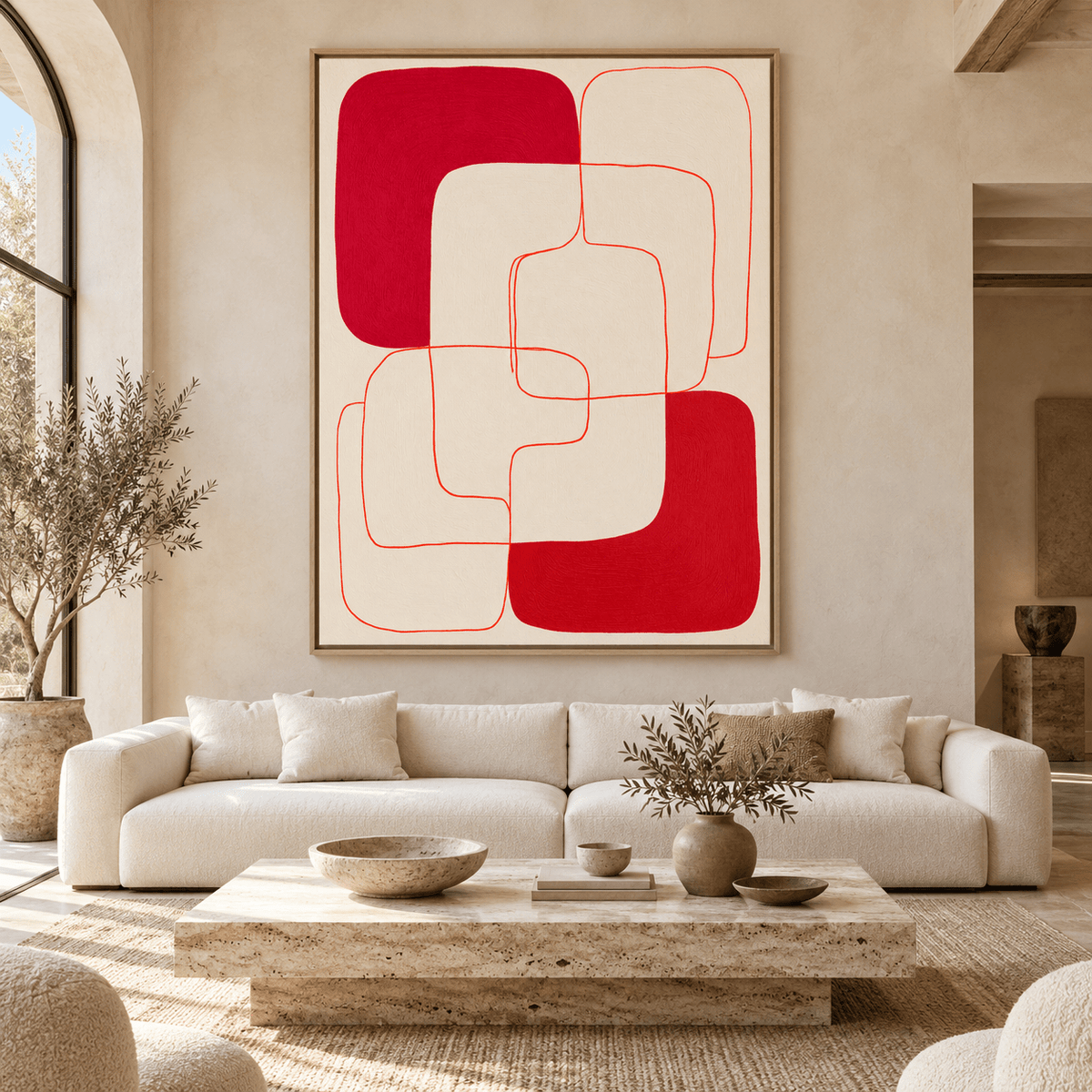 Red Abstract Painting – Crimson Loops canvas print by Rossetti Art above a sofa