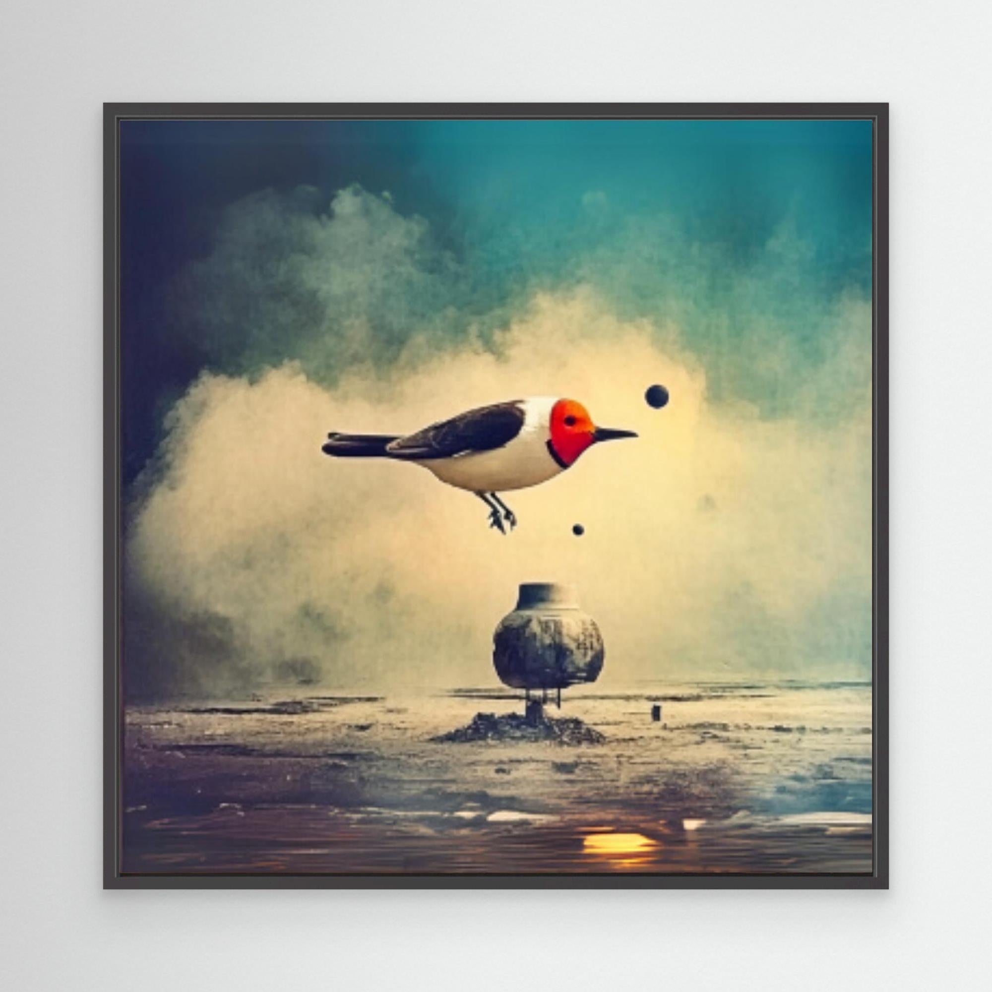 Canvas Print : Red - Crested Bird - Surreal Landscape Canvas Art Print modern abstract canvas wall art by Rossetti Art – luxury interior design artwork for living room, bedroom, office – fantasy wall art canvas nature inspired wall art Surreal Bird Art