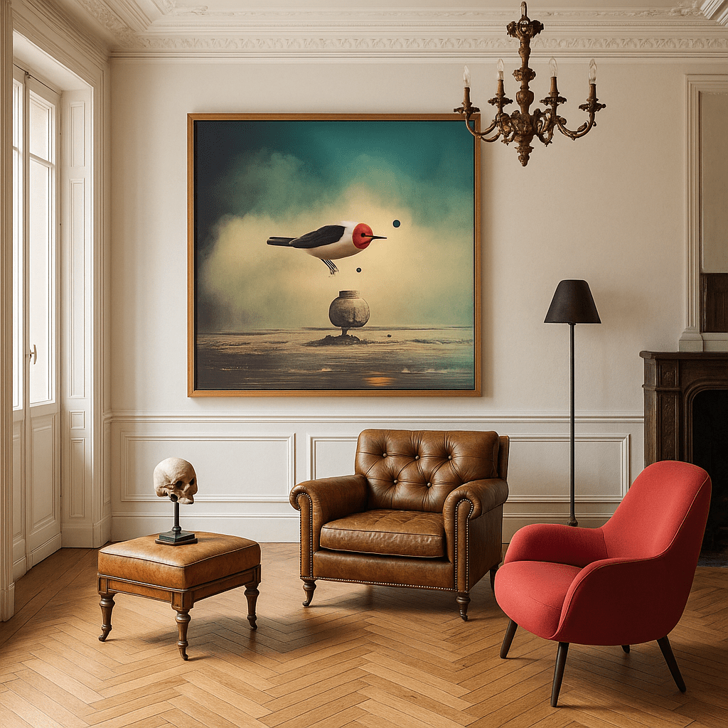 Canvas Print : Red - Crested Bird - Surreal Landscape Canvas Art Print modern abstract canvas wall art by Rossetti Art – luxury interior design artwork for living room, bedroom, office – fantasy wall art canvas nature inspired wall art Surreal Bird Art