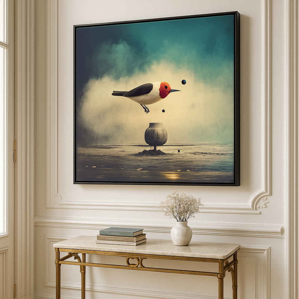 Canvas Print : Red - Crested Bird - Surreal Landscape Canvas Art Print modern abstract canvas wall art by Rossetti Art – luxury interior design artwork for living room, bedroom, office – fantasy wall art canvas nature inspired wall art Surreal Bird Art