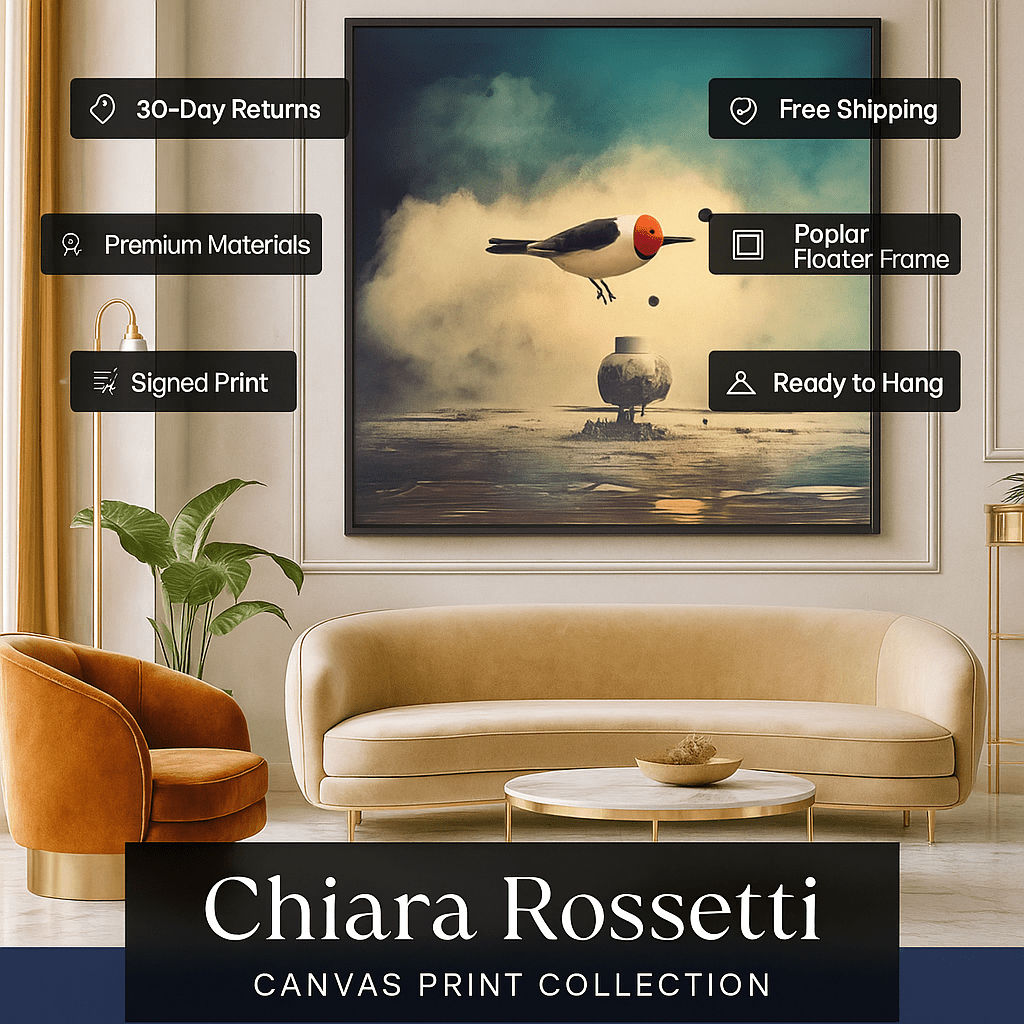 Canvas Print : Red - Crested Bird - Surreal Landscape Canvas Art Print modern abstract canvas wall art by Rossetti Art – luxury interior design artwork for living room, bedroom, office – fantasy wall art canvas nature inspired wall art Surreal Bird Art