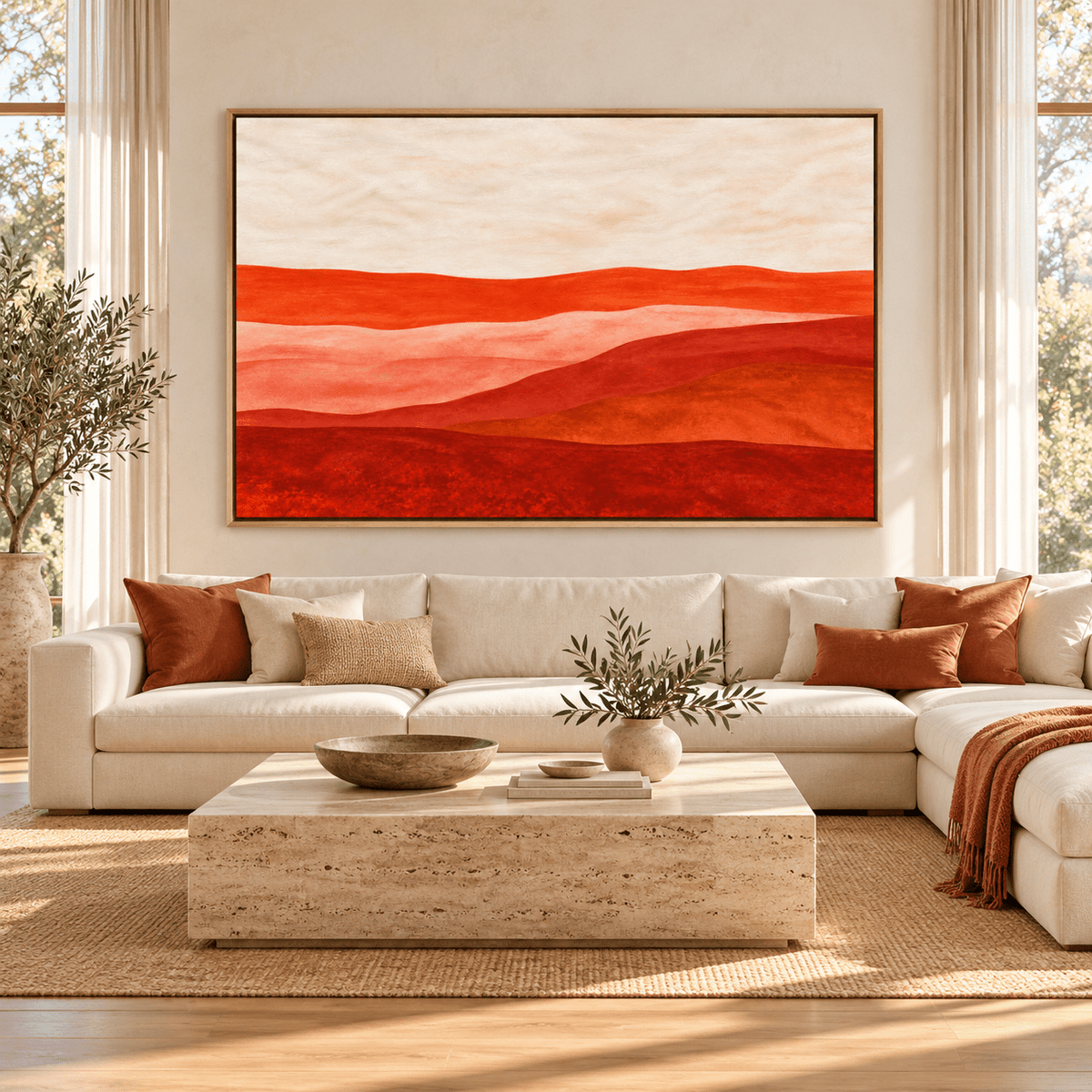Red Landscape Painting – Crimson Ridge above a sectional sofa by Rossetti Art