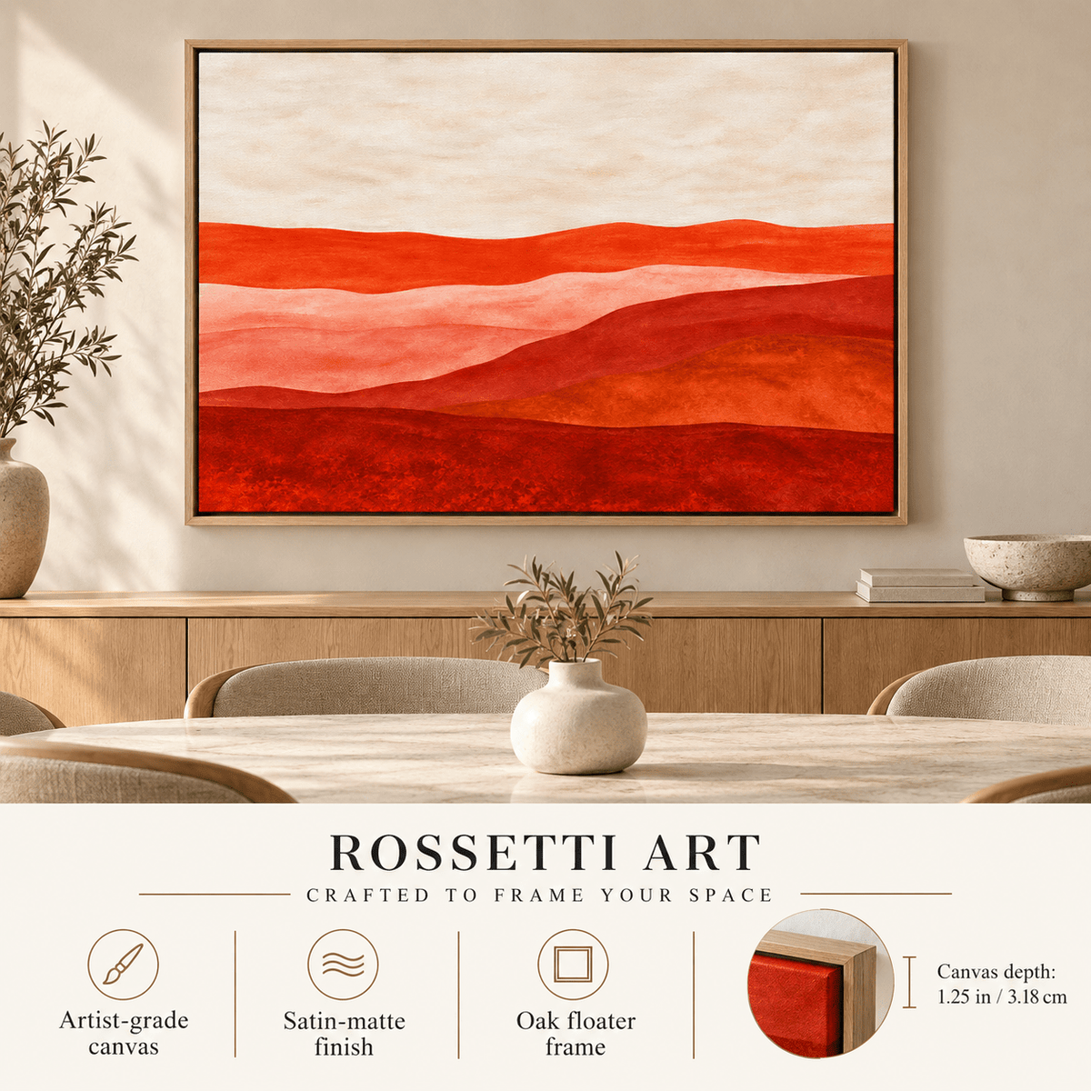 Red Landscape Painting – Crimson Ridge canvas print in a styled room by Rossetti Art